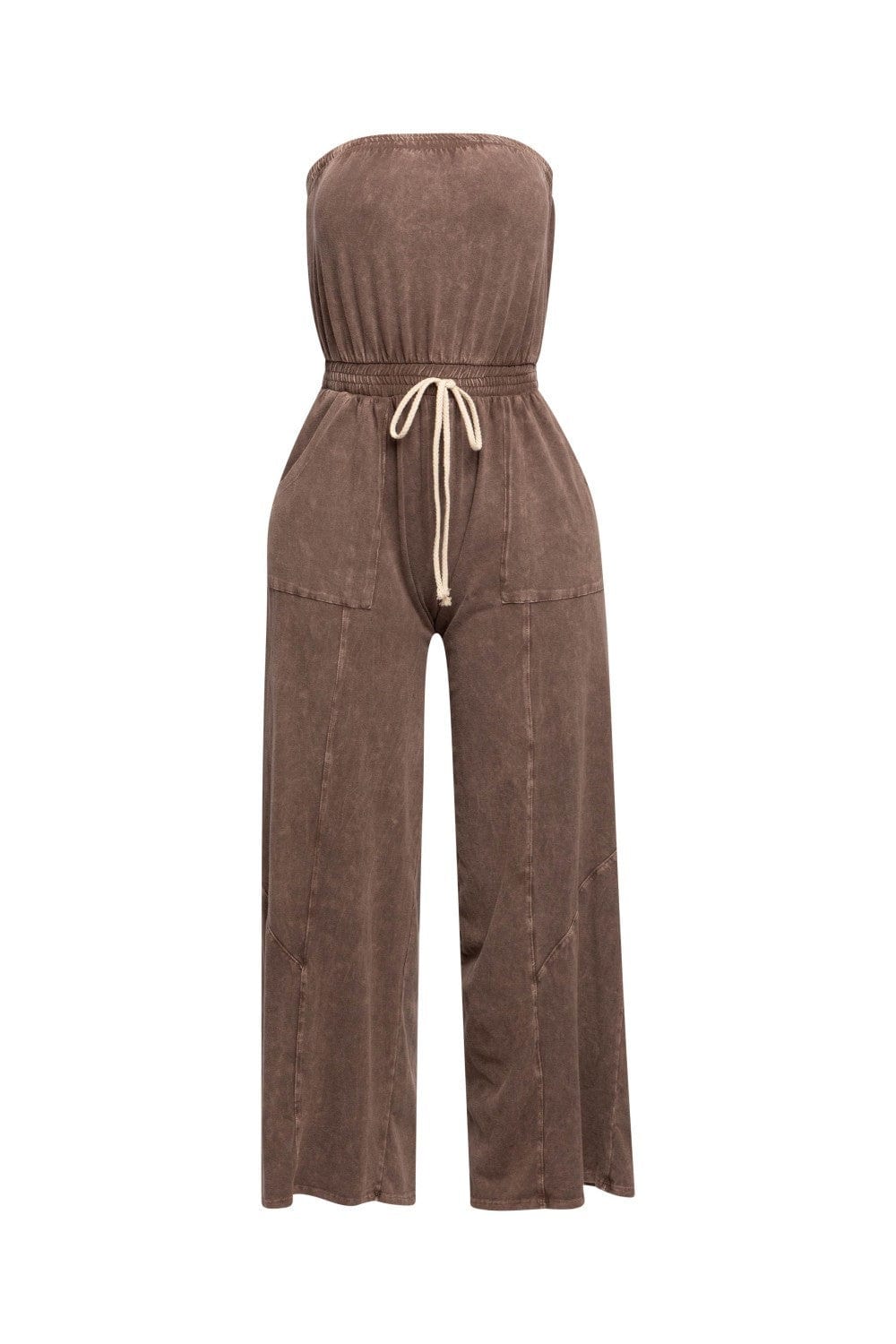 Mineral Washed Strapless Jumpsuit In Brown - Infinity Raine