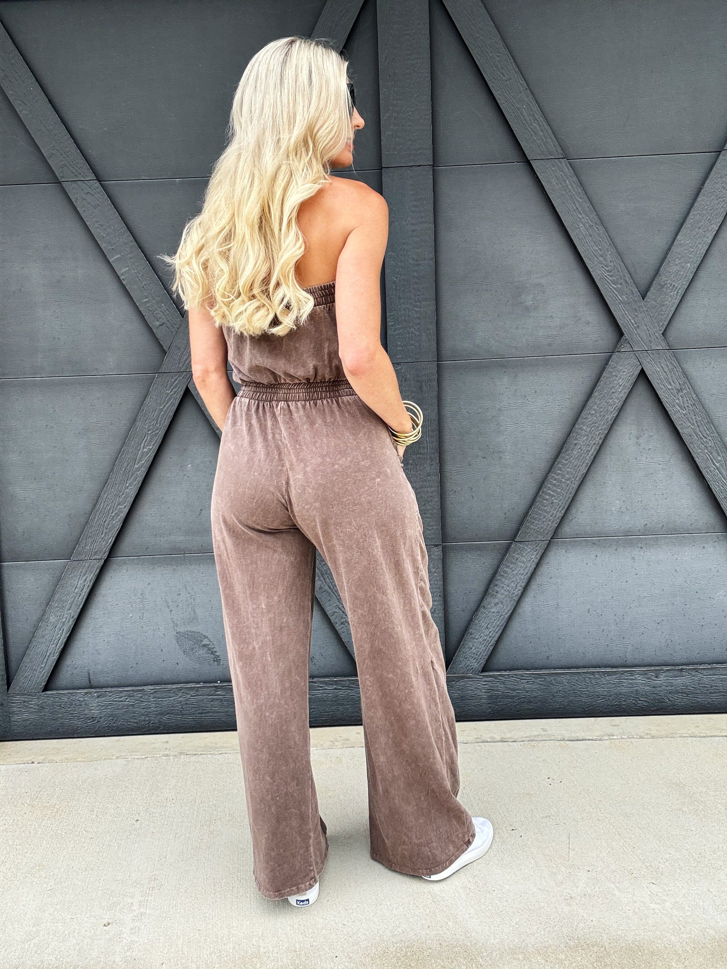 Mineral Washed Strapless Jumpsuit In Brown - Infinity Raine