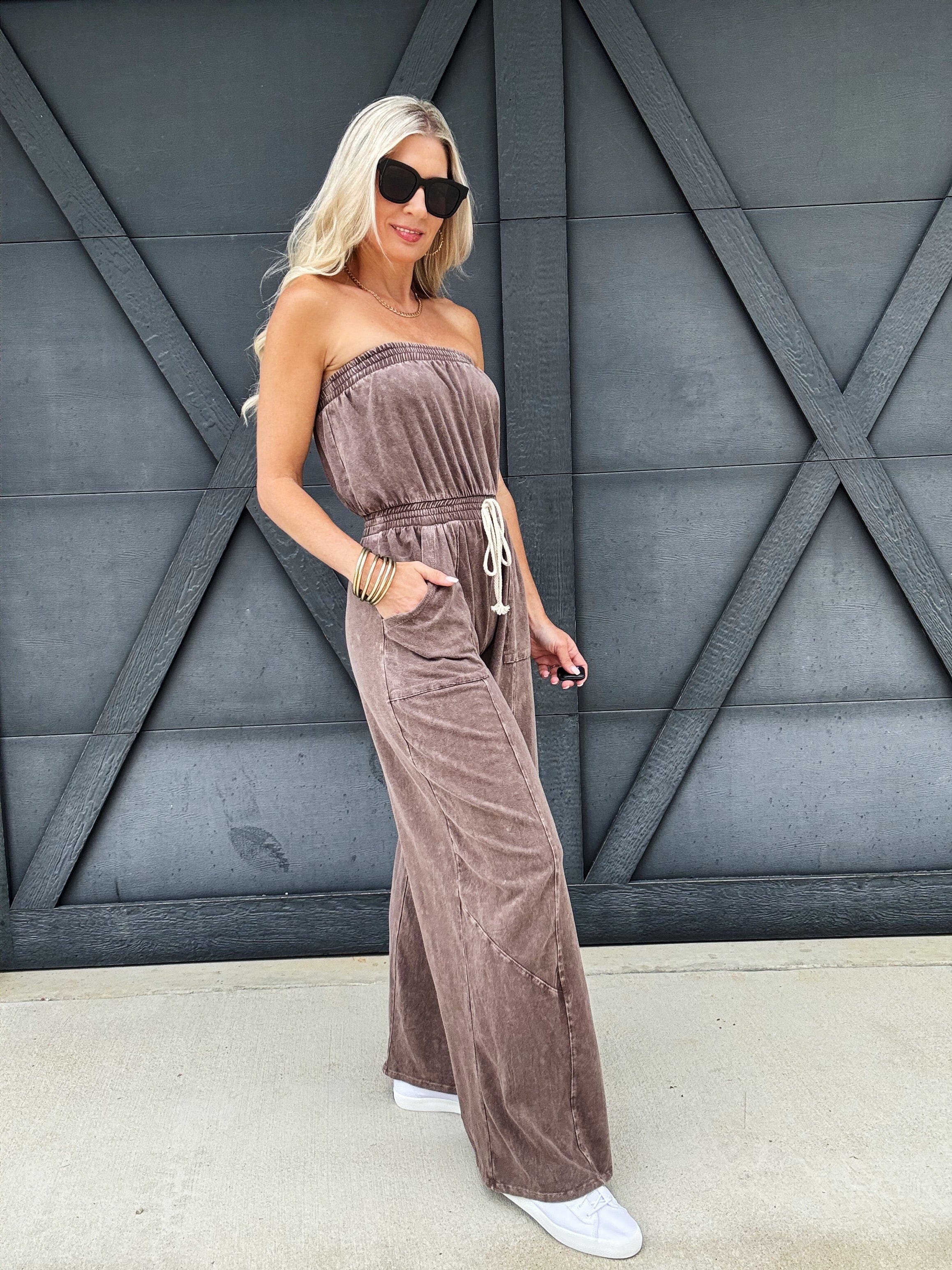 Mineral Washed Strapless Jumpsuit In Brown - Infinity Raine