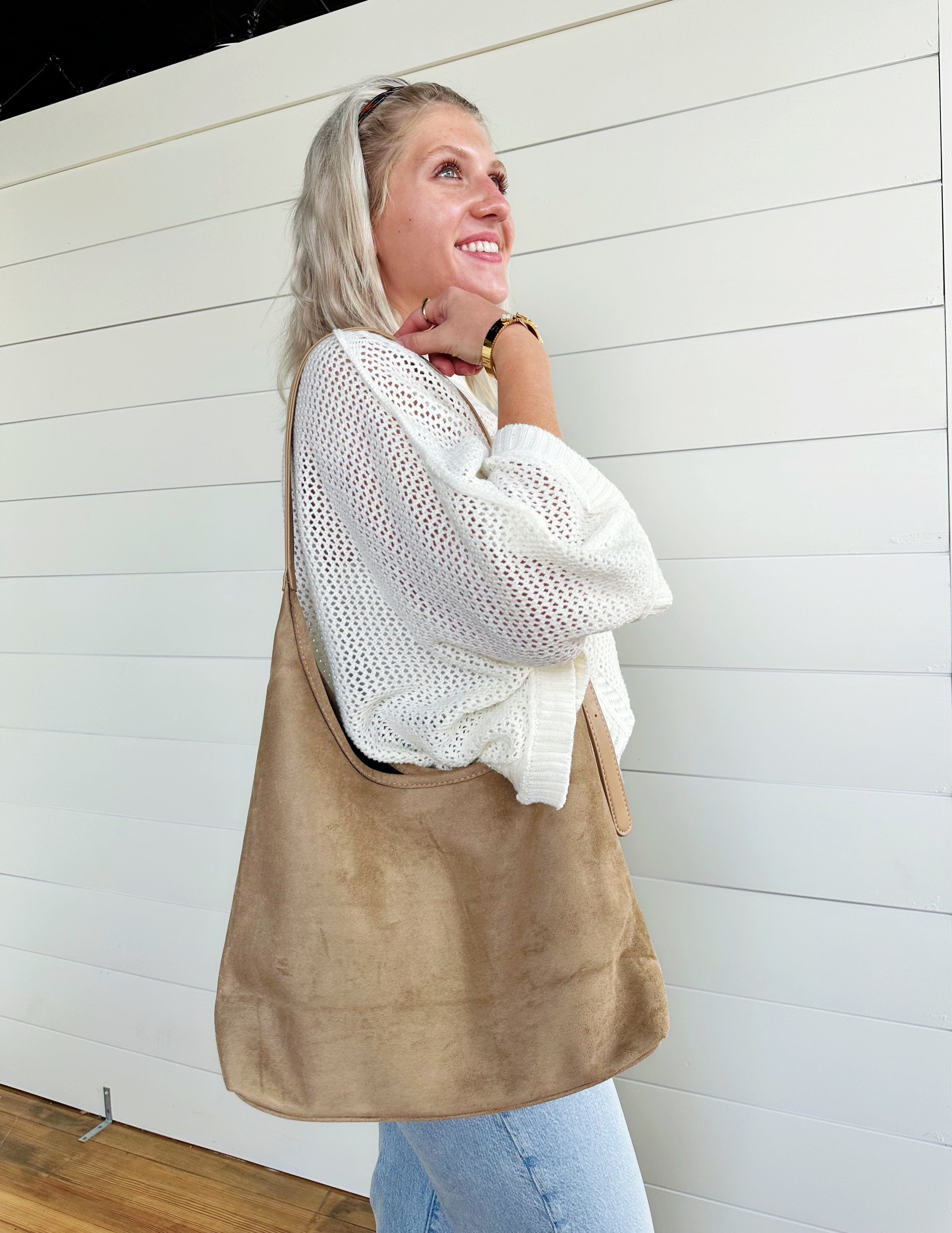 Slouchy Suede Saddle Bag In Taupe - Infinity Raine