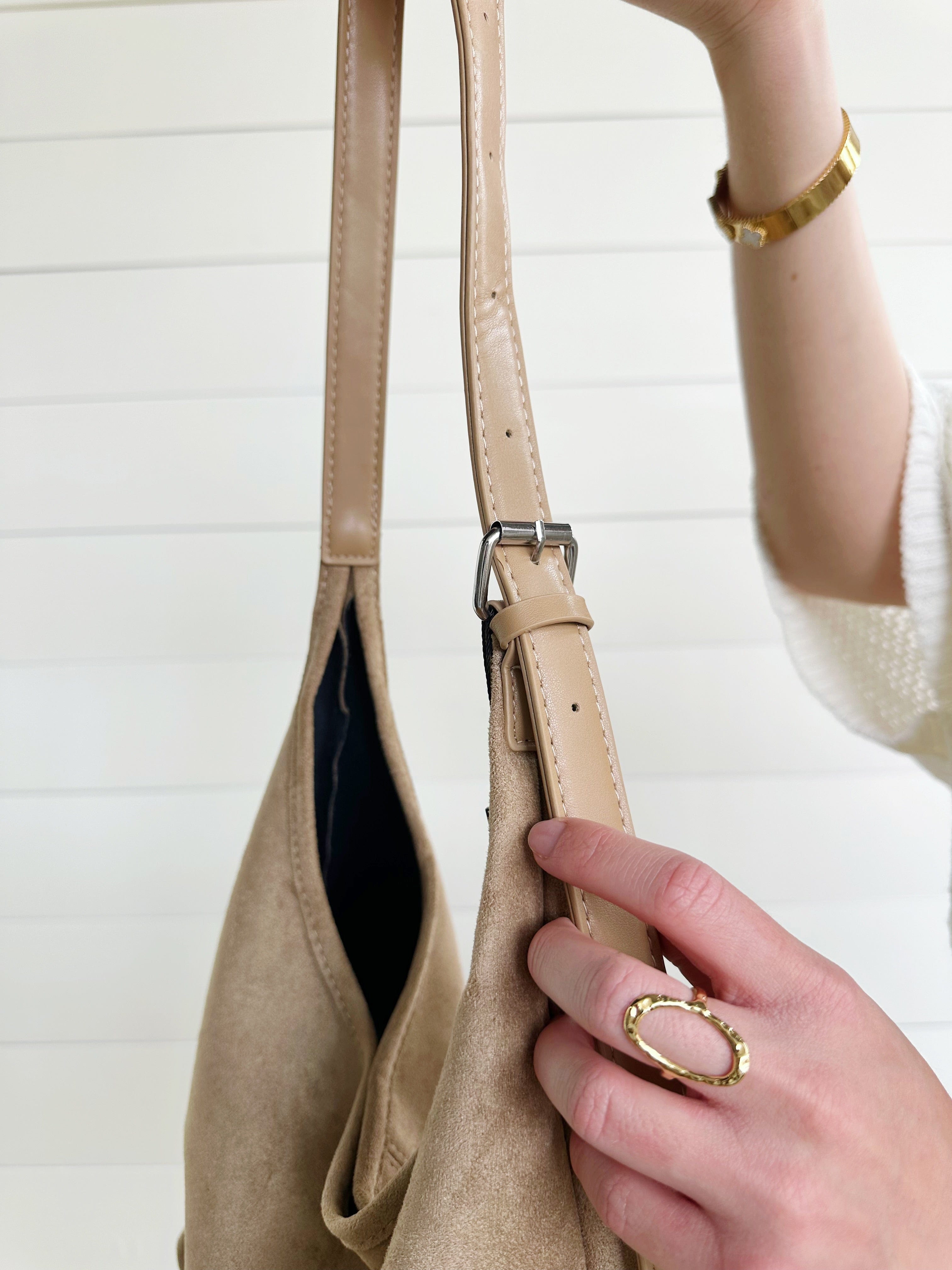 Slouchy Suede Saddle Bag In Taupe - Infinity Raine