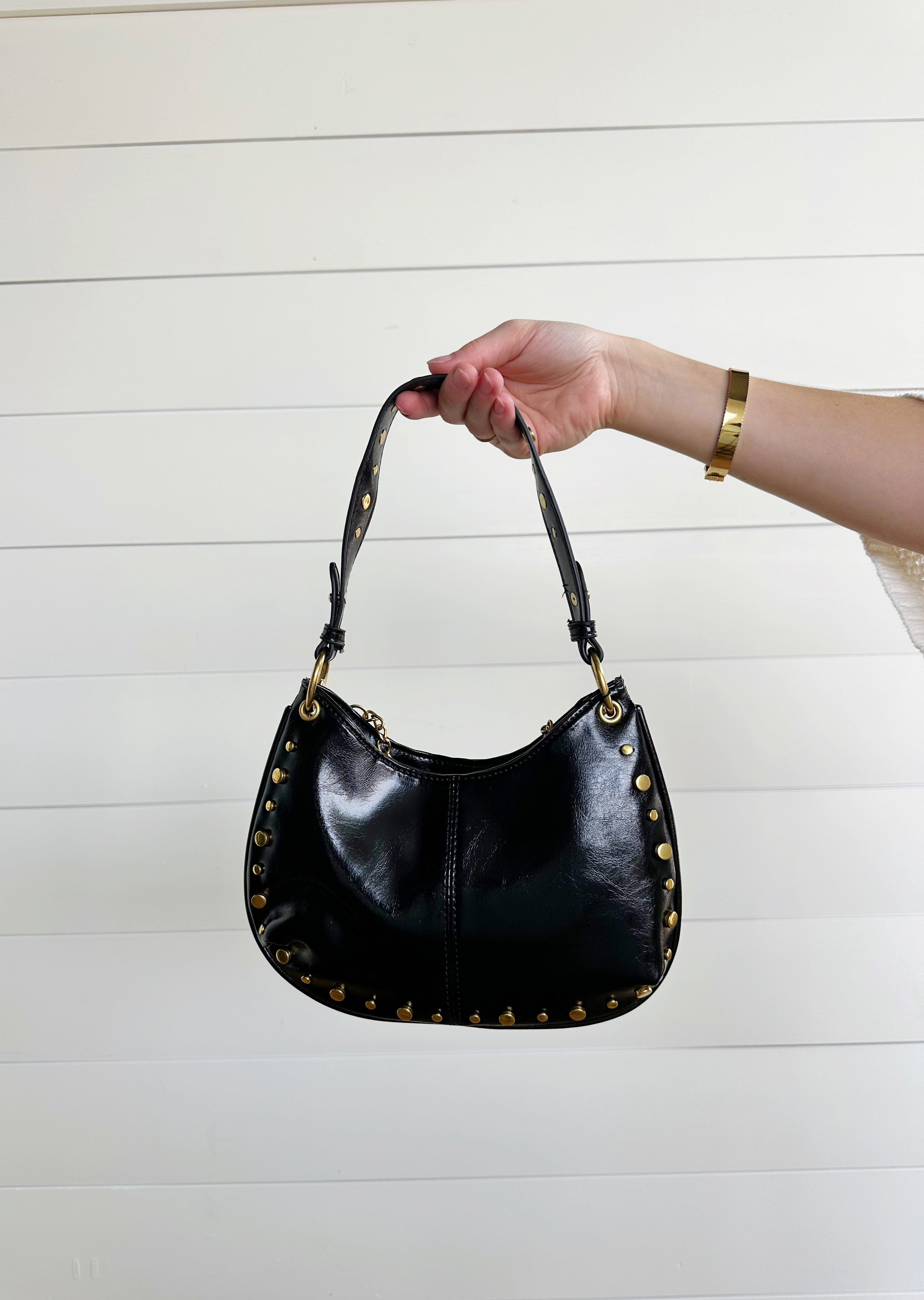 Trendy Studded Boston Shoulder Bag In Black - Infinity Raine