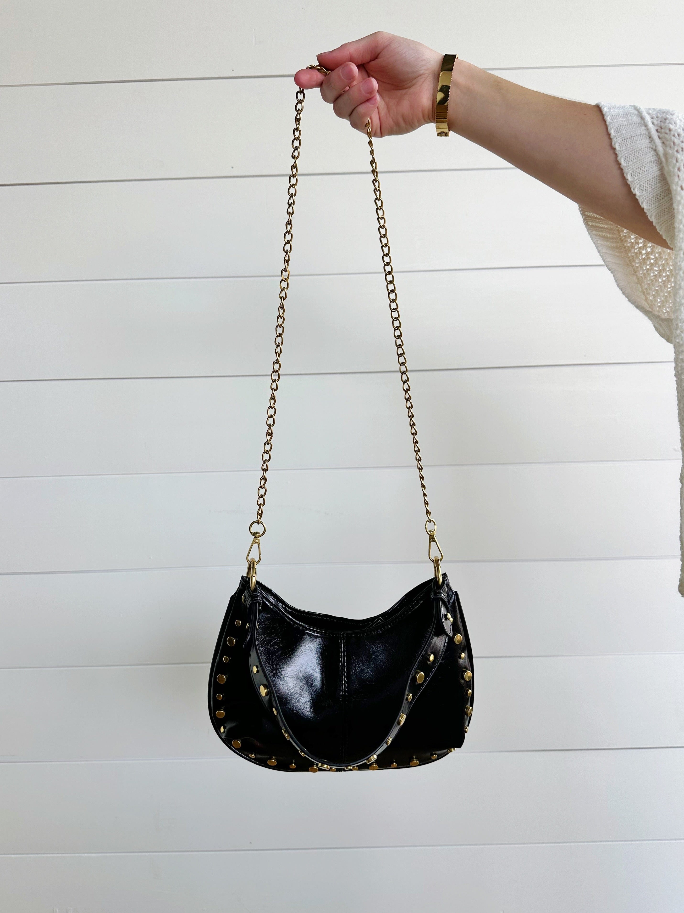 Trendy Studded Boston Shoulder Bag In Black - Infinity Raine