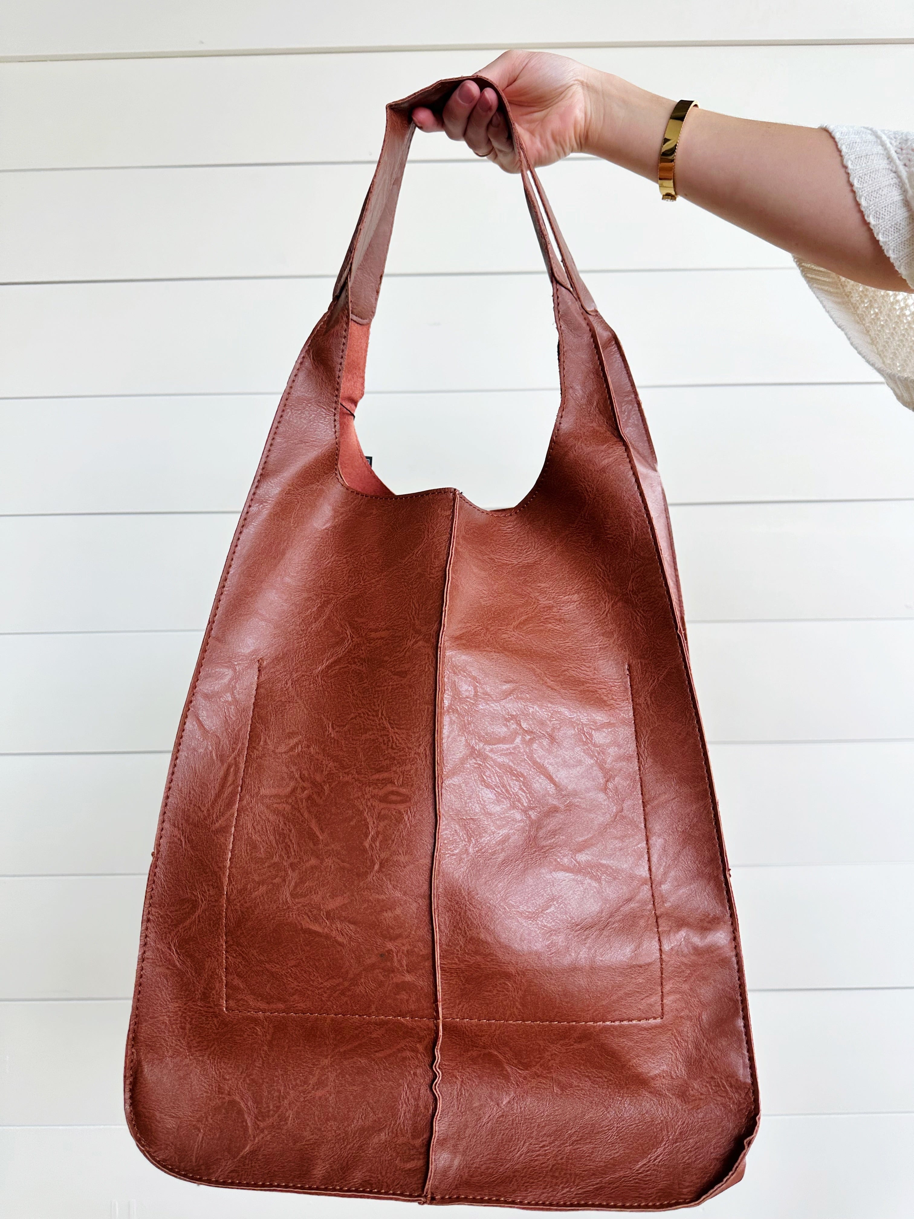 Vintage Faux Leather Tote Bag In Brown - Infinity Raine