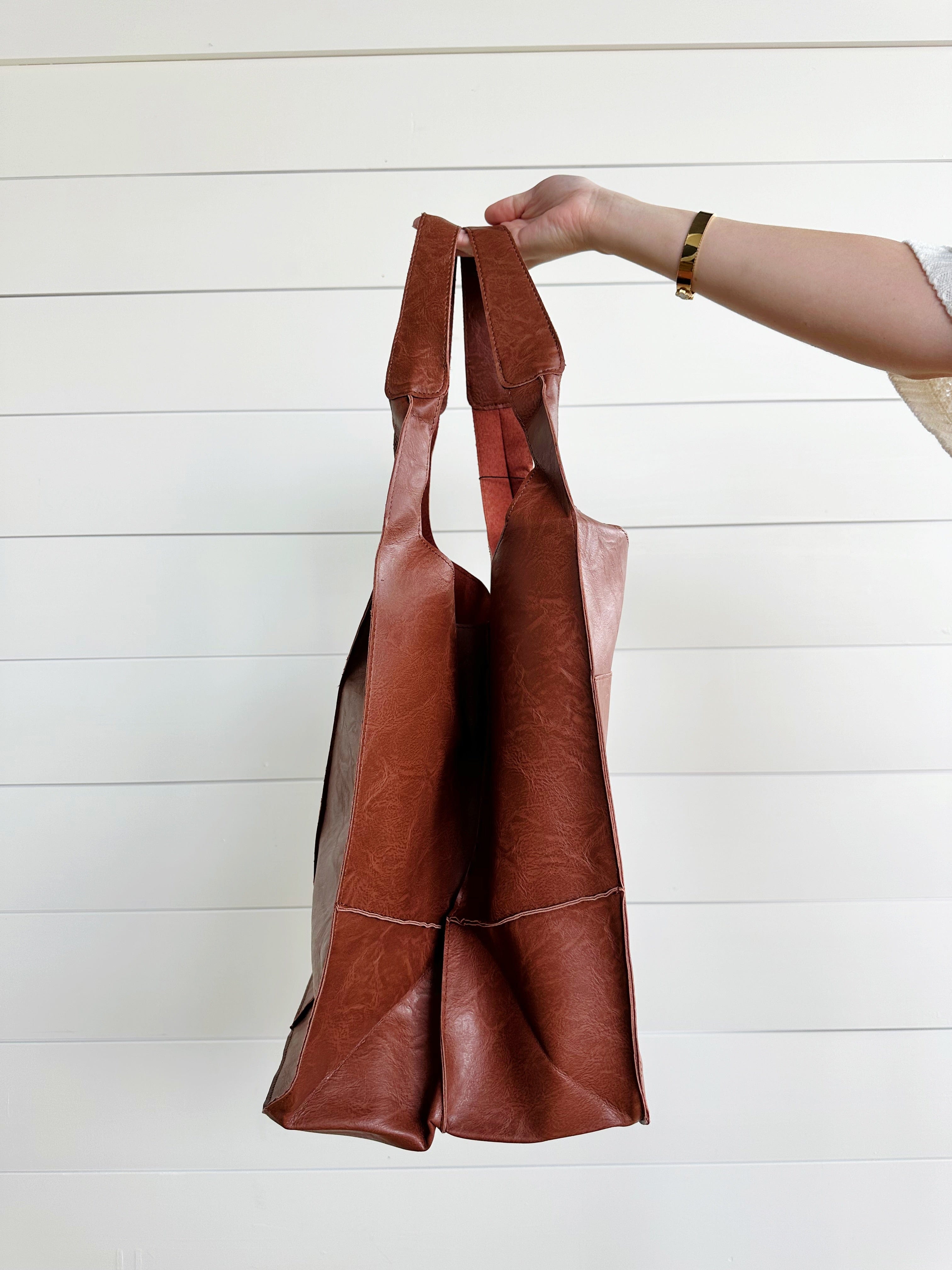 Vintage Faux Leather Tote Bag In Brown - Infinity Raine