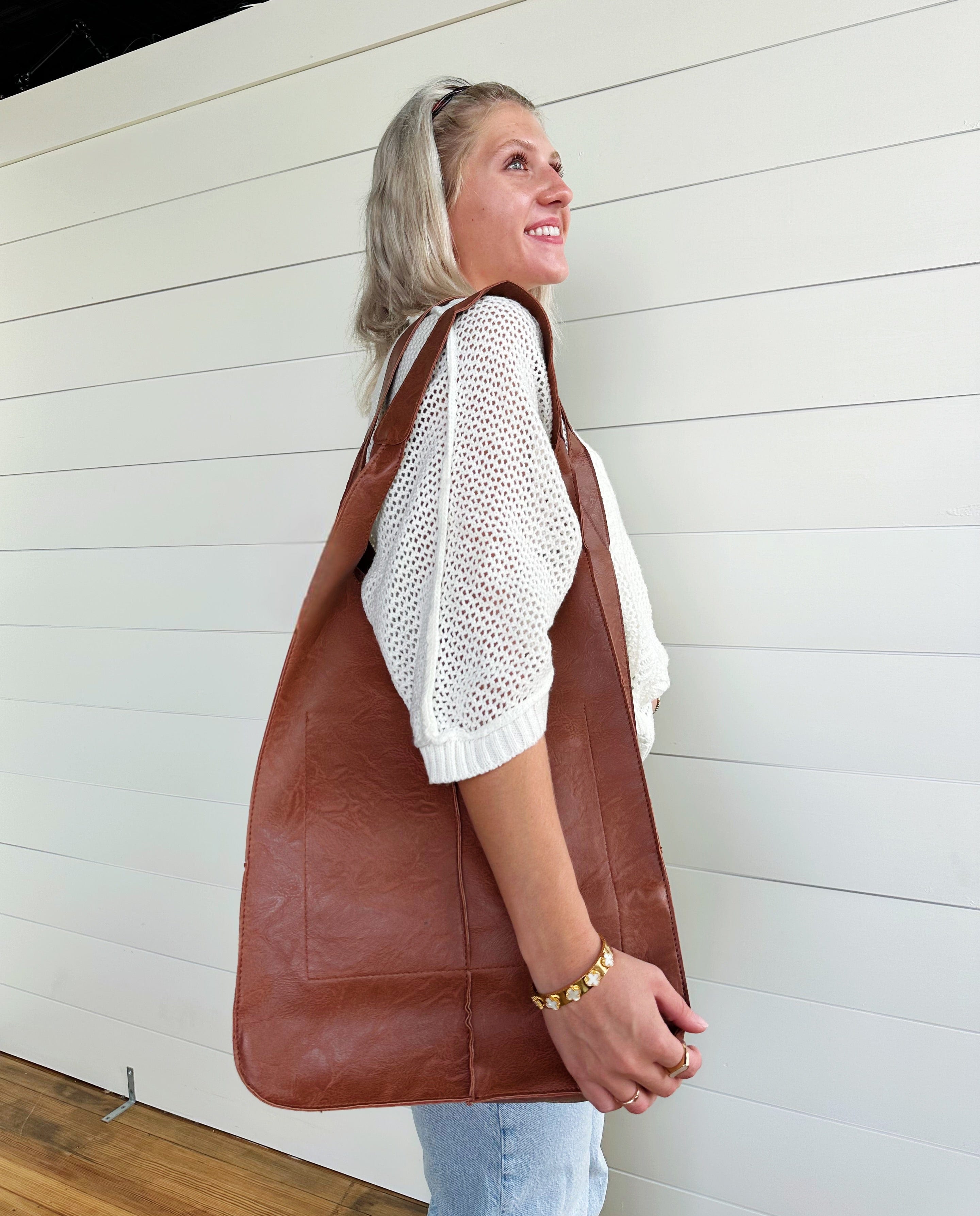 Vintage Faux Leather Tote Bag In Brown - Infinity Raine