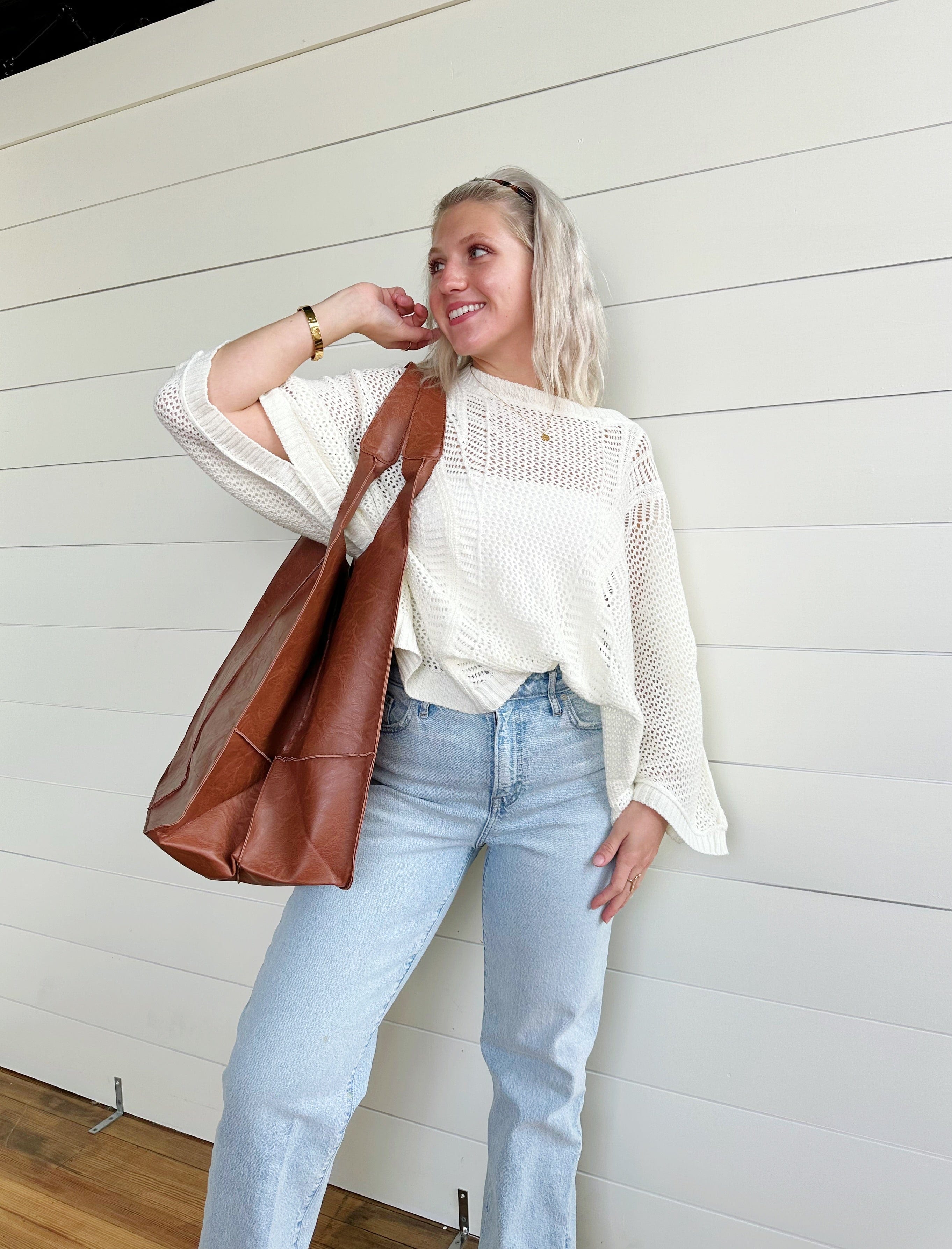 Vintage Faux Leather Tote Bag In Brown - Infinity Raine
