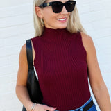 ACTIVE BASIC Tops - Tanks Mock Neck Ribbed Sweater Tank In Burgundy