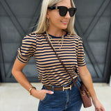 Puff Sleeve Stripe Blouse In Navy And Camel - Infinity Raine