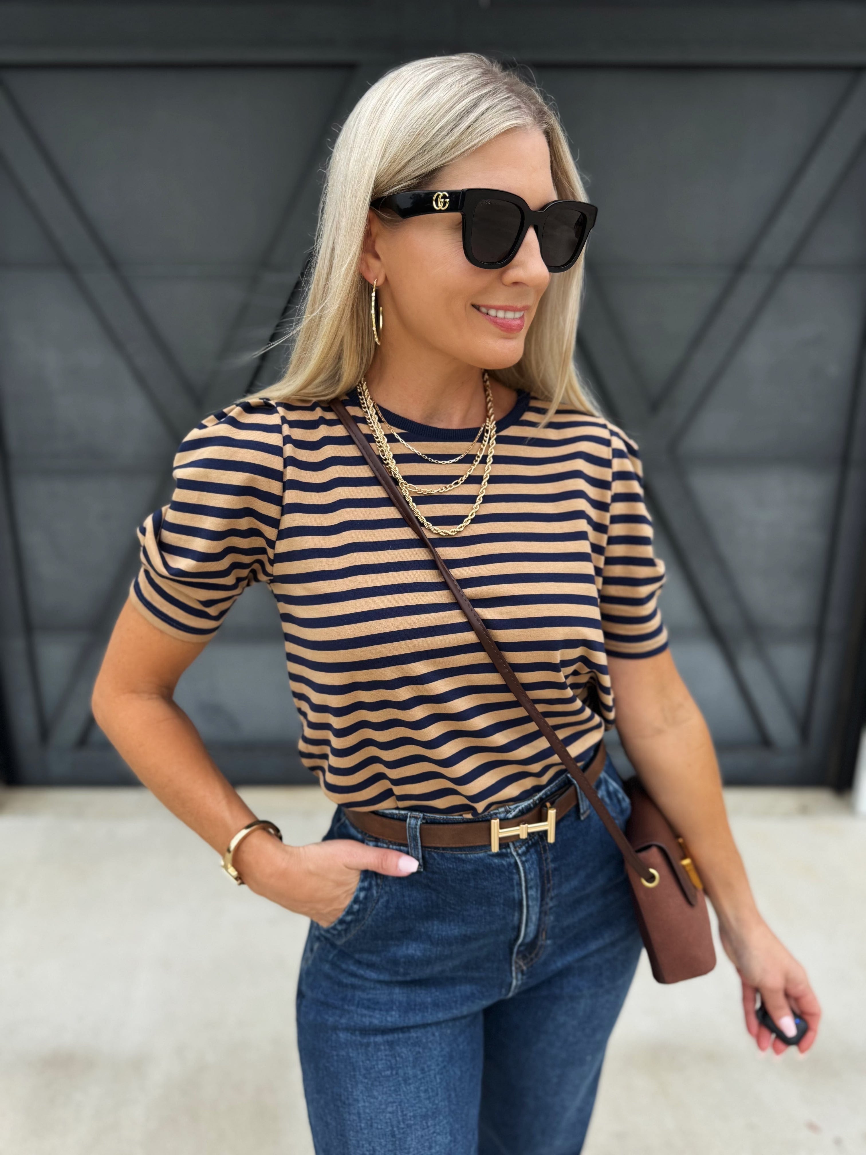 Puff Sleeve Stripe Blouse In Navy And Camel - Infinity Raine