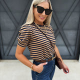 Puff Sleeve Stripe Blouse In Navy And Camel - Infinity Raine