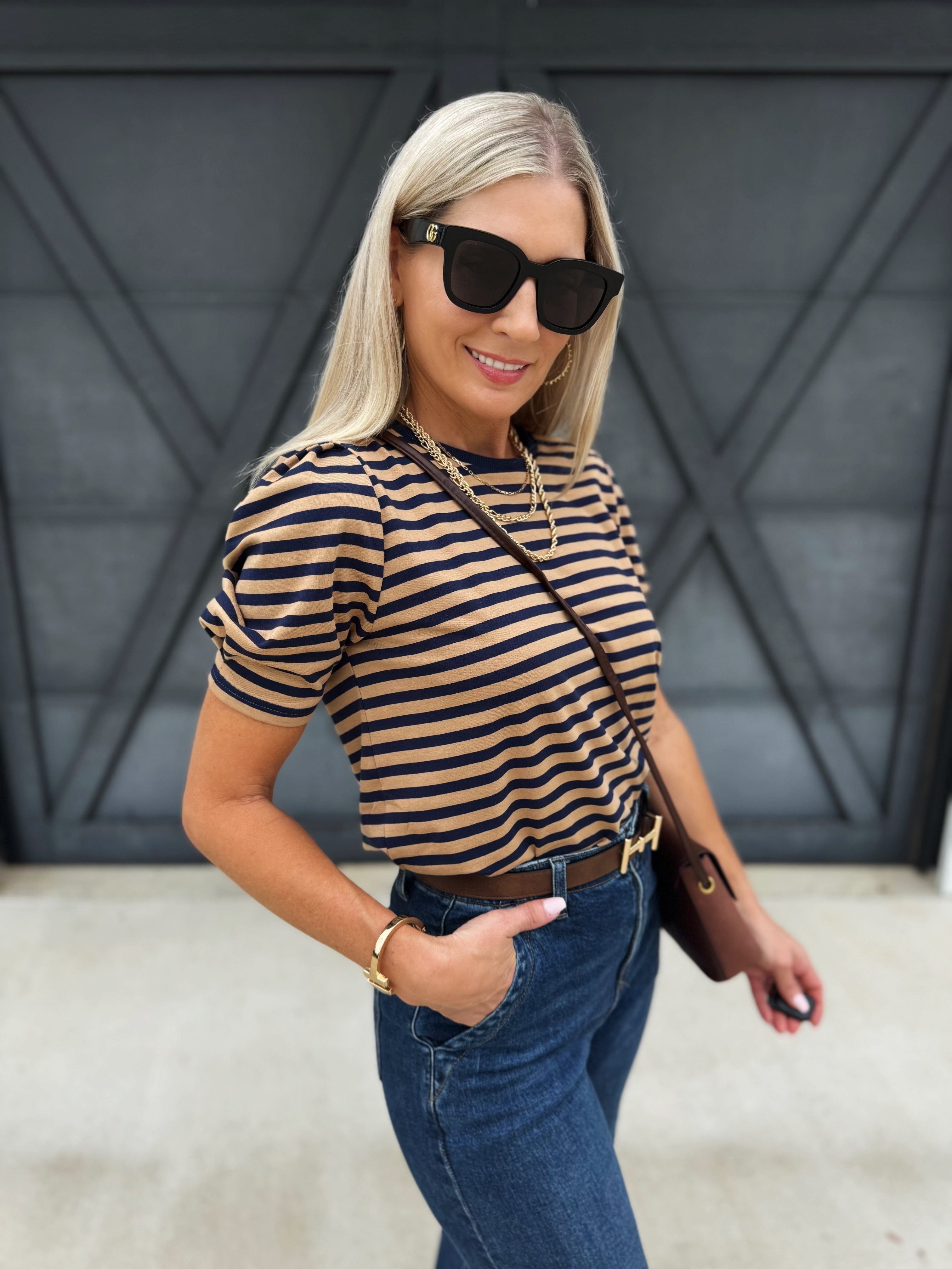 Puff Sleeve Stripe Blouse In Navy And Camel - Infinity Raine