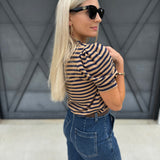 Puff Sleeve Stripe Blouse In Navy And Camel - Infinity Raine