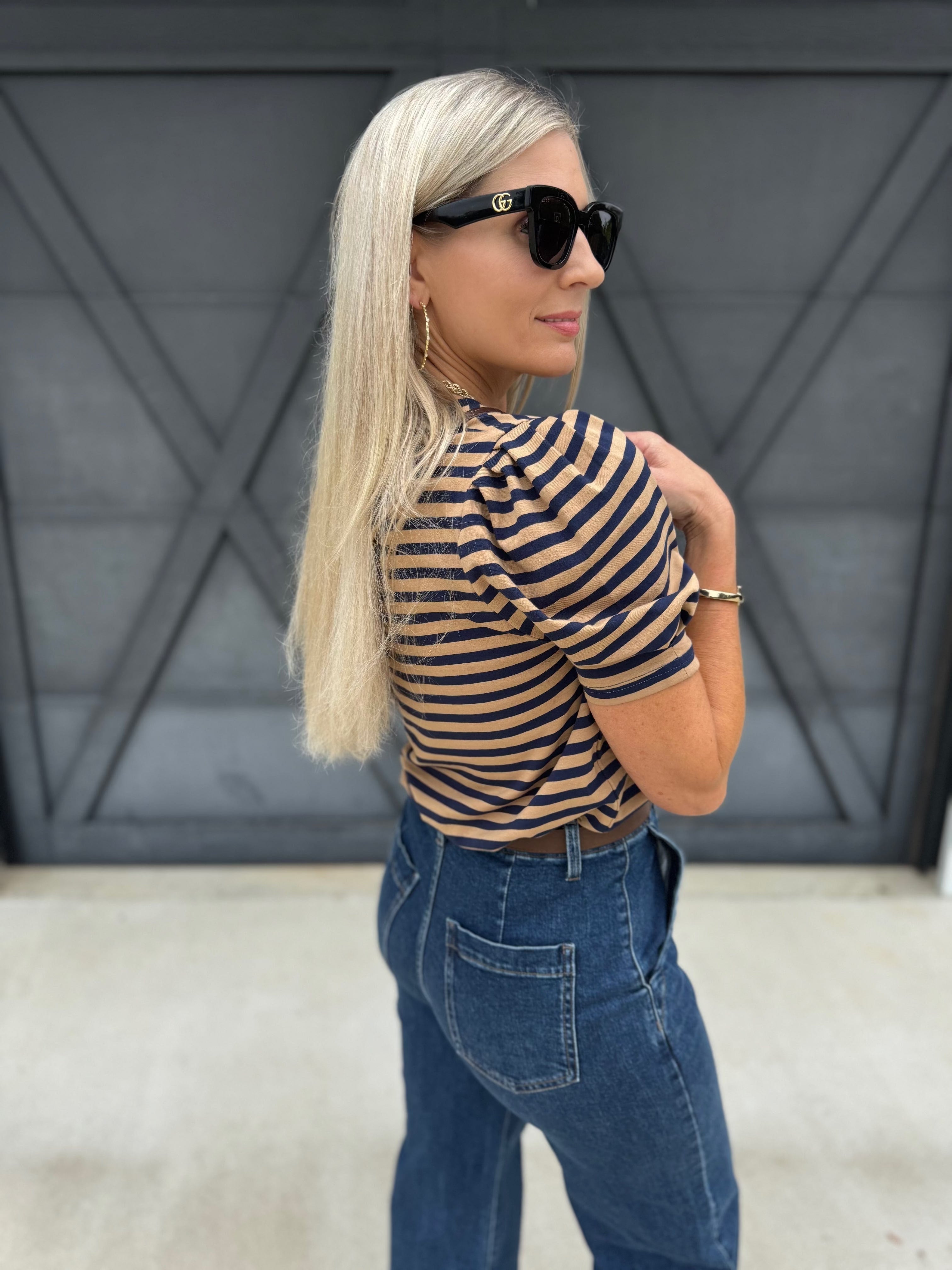Puff Sleeve Stripe Blouse In Navy And Camel - Infinity Raine