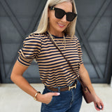 Puff Sleeve Stripe Blouse In Navy And Camel - Infinity Raine