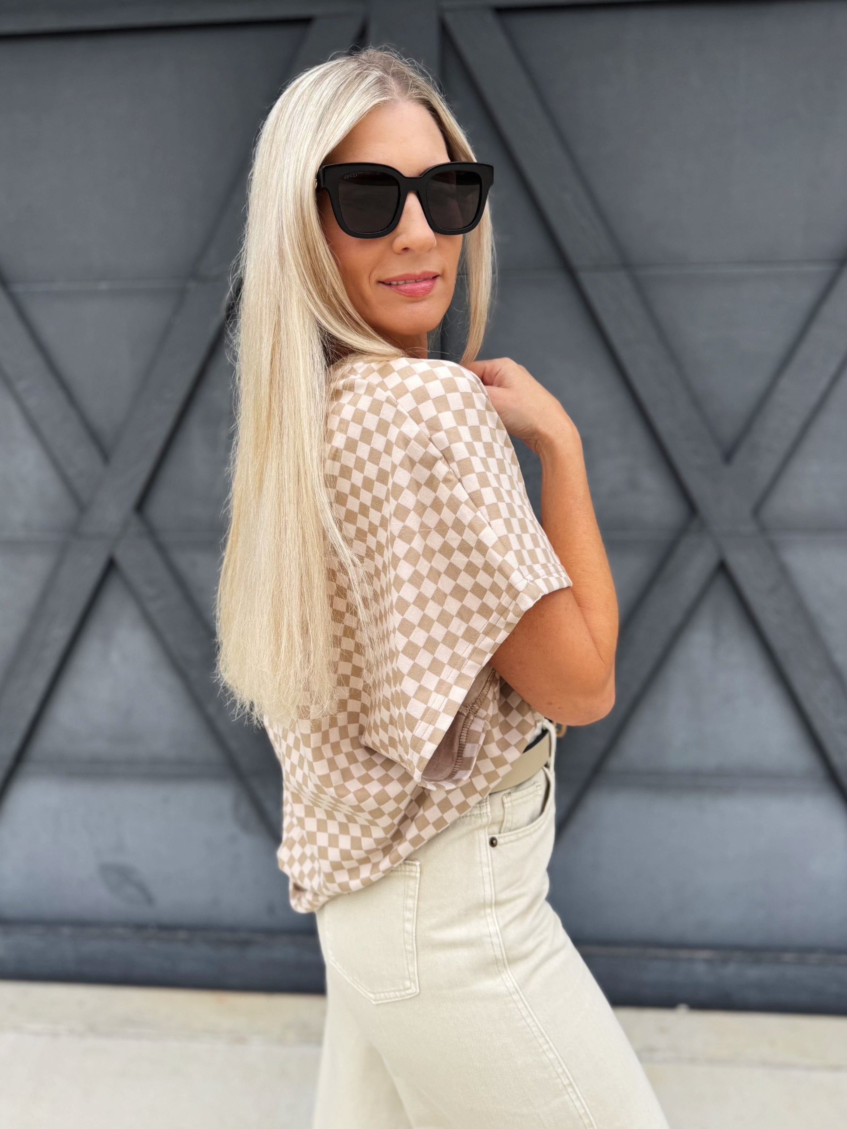 Checkered Dolman Sleeve Knit Top In Almond - Infinity Raine