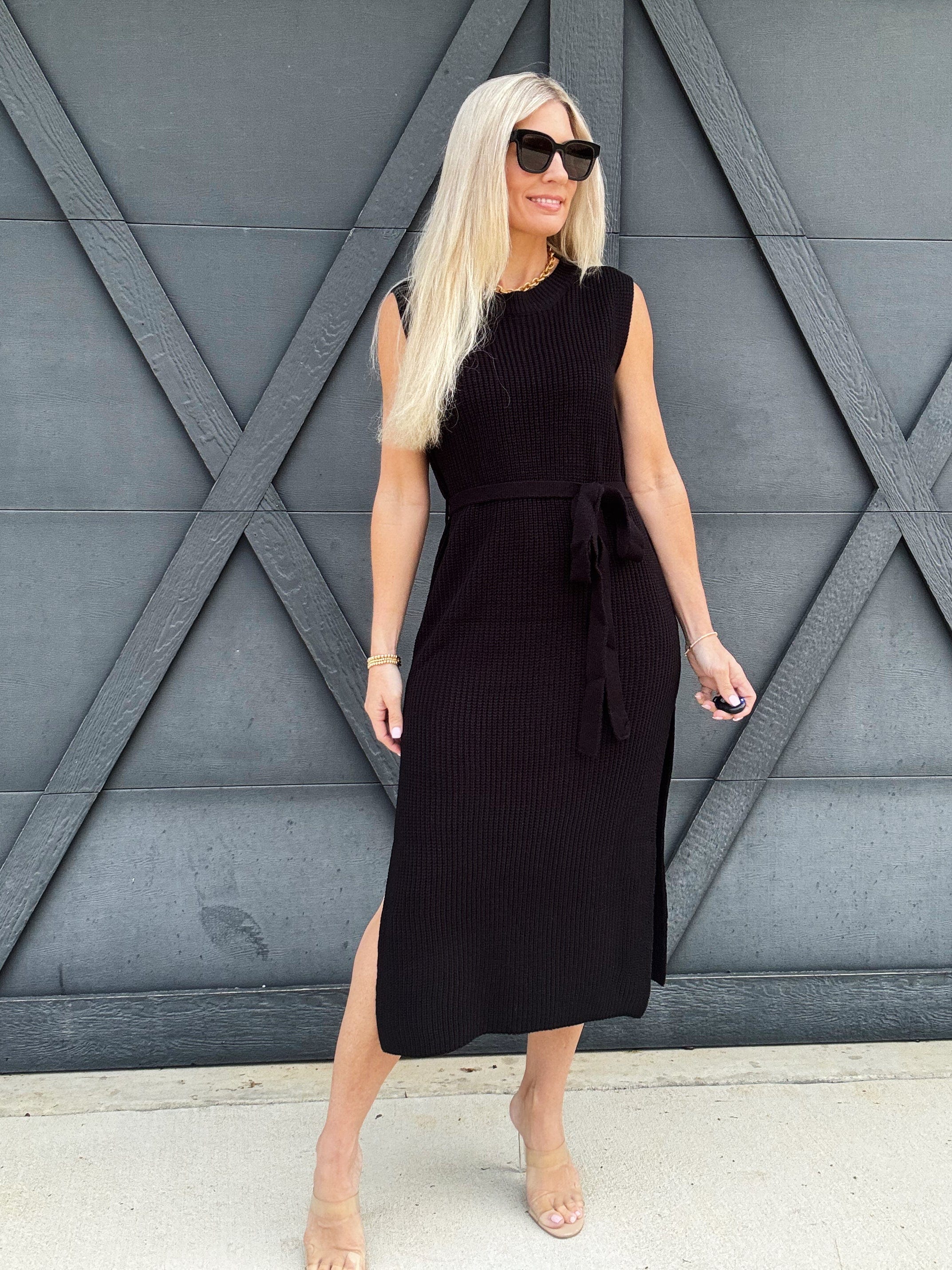 Crew Neck Knit Midi Dress In Black - Infinity Raine