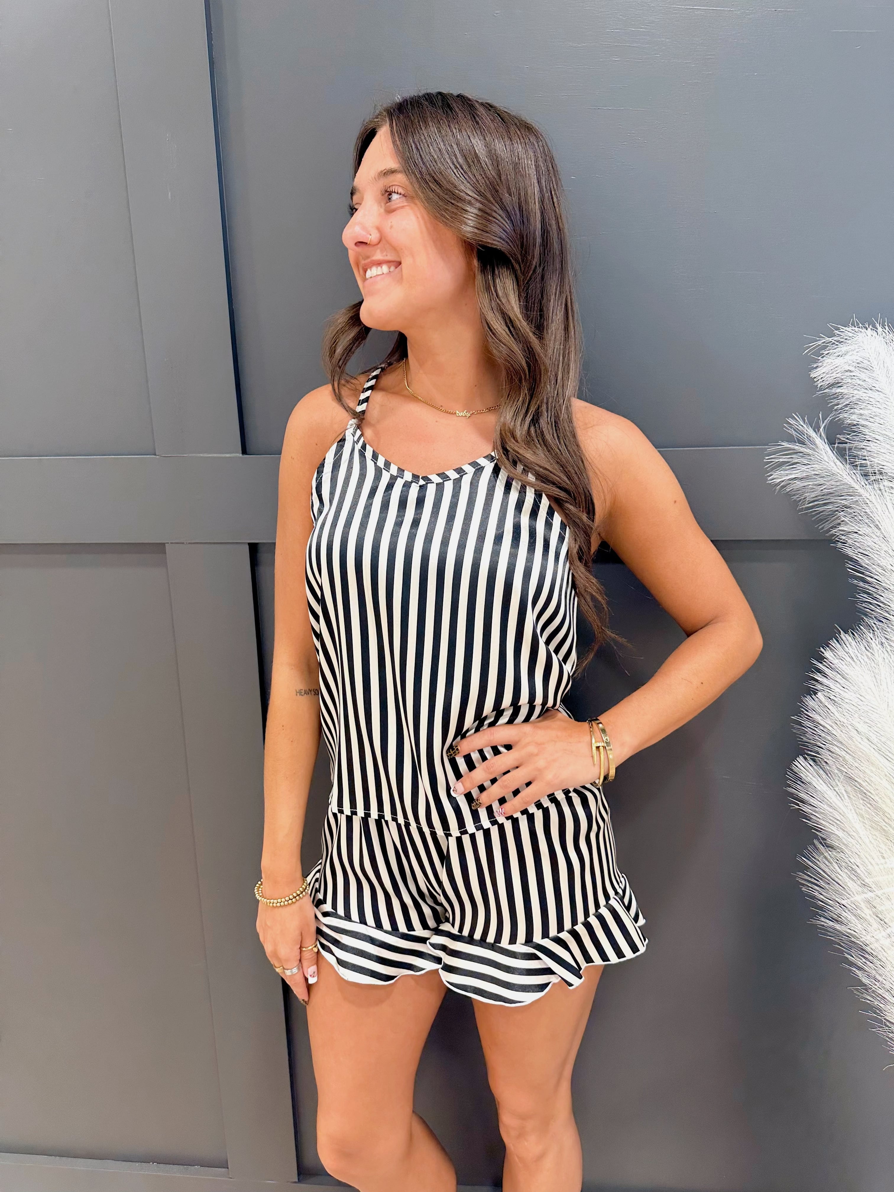 Stripe Ruffle Short Lounge Shirt - Infinity Raine