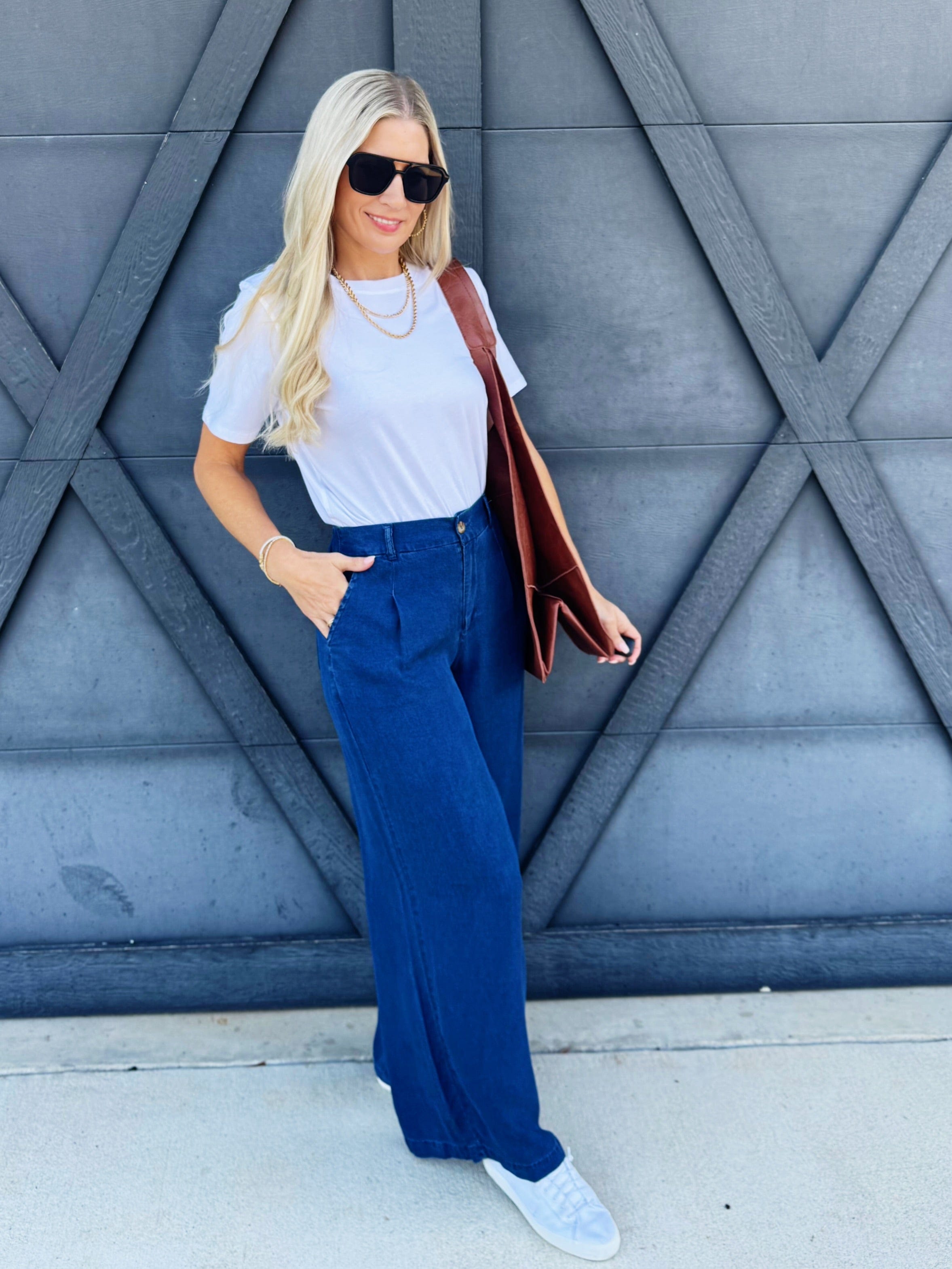 Pintuck Wide Leg Pants In Chambray - Infinity Raine