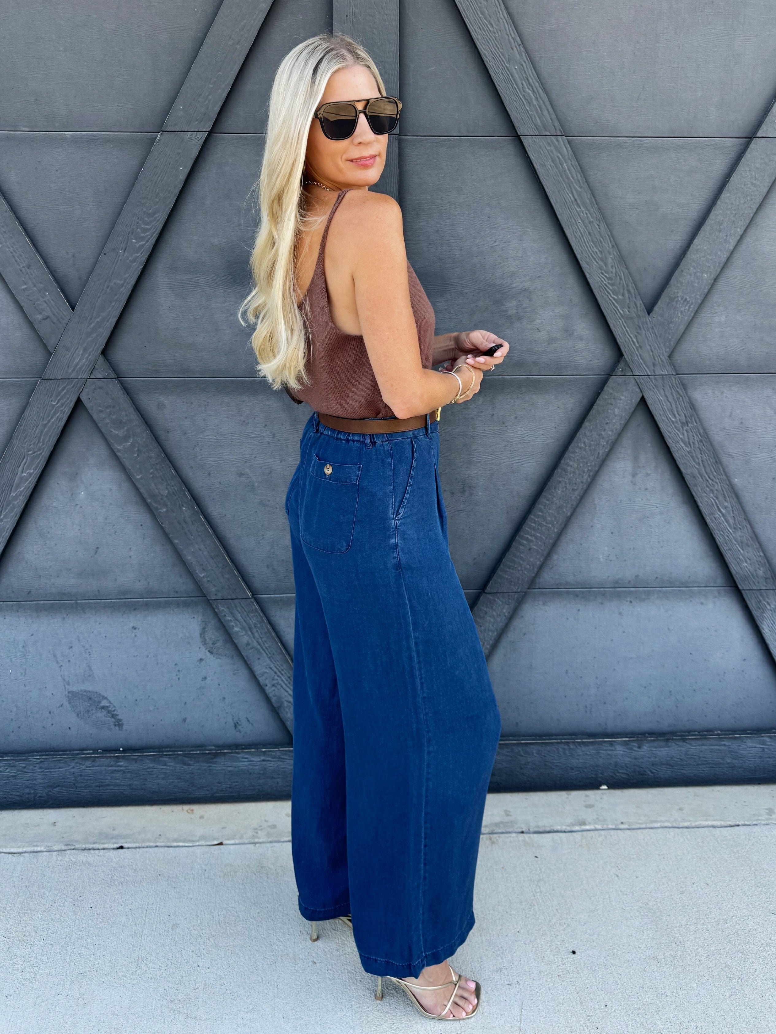 Pintuck Wide Leg Pants In Chambray - Infinity Raine