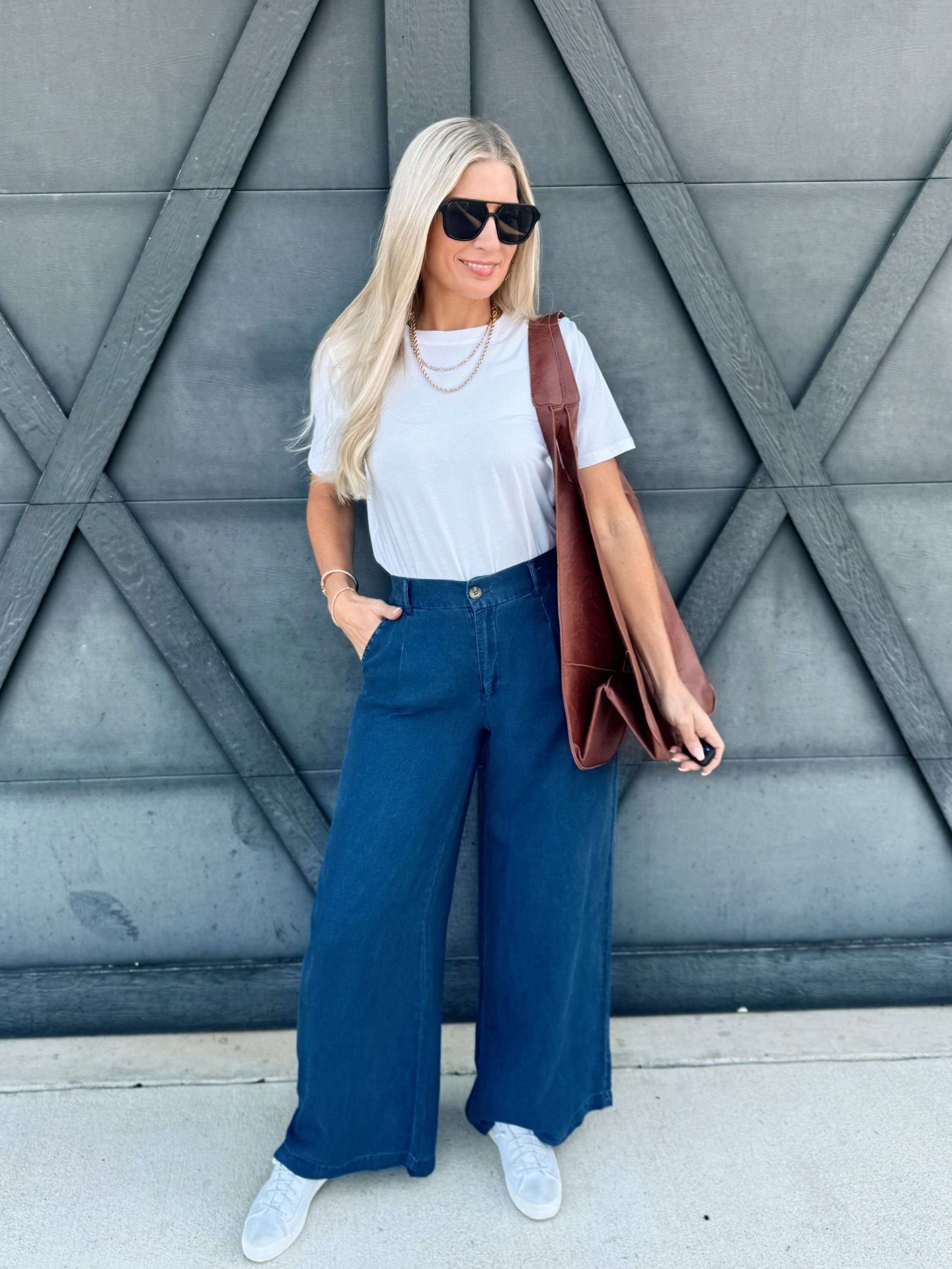 Pintuck Wide Leg Pants In Chambray - Infinity Raine