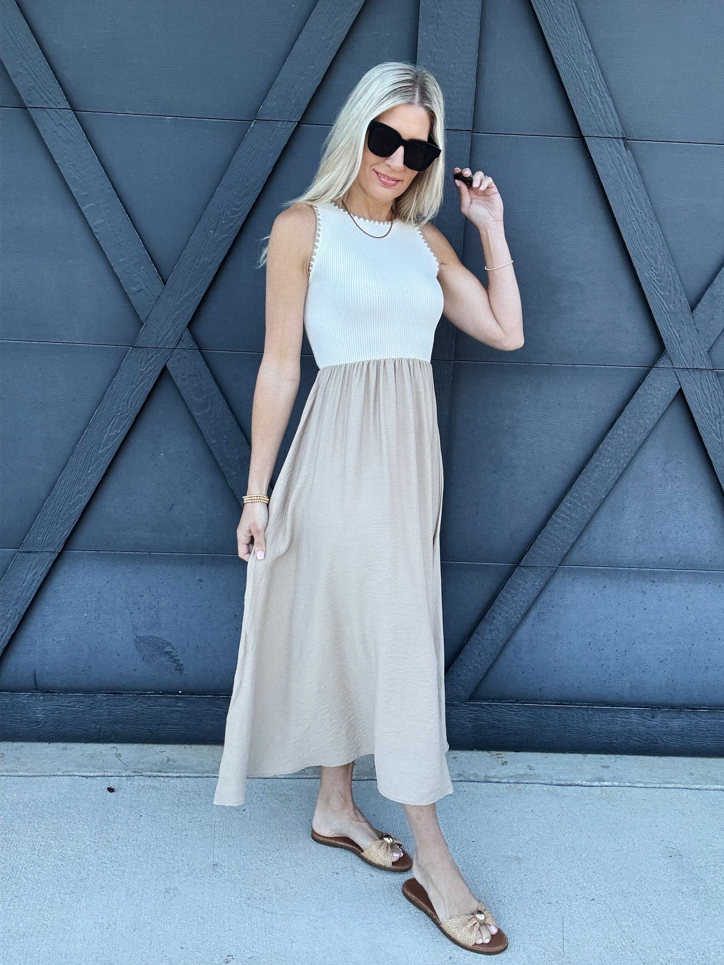 blu pepper Dresses Contrast Trim Mixed Media Midi Dress In Khaki