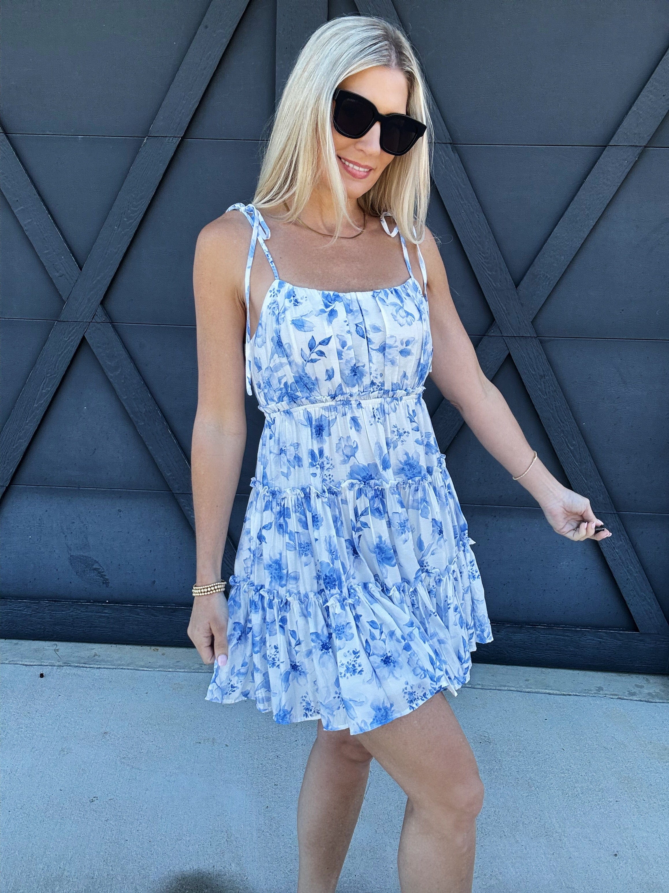 blu pepper Dresses Floral Back Tie Tiered Mini Dress In Blue