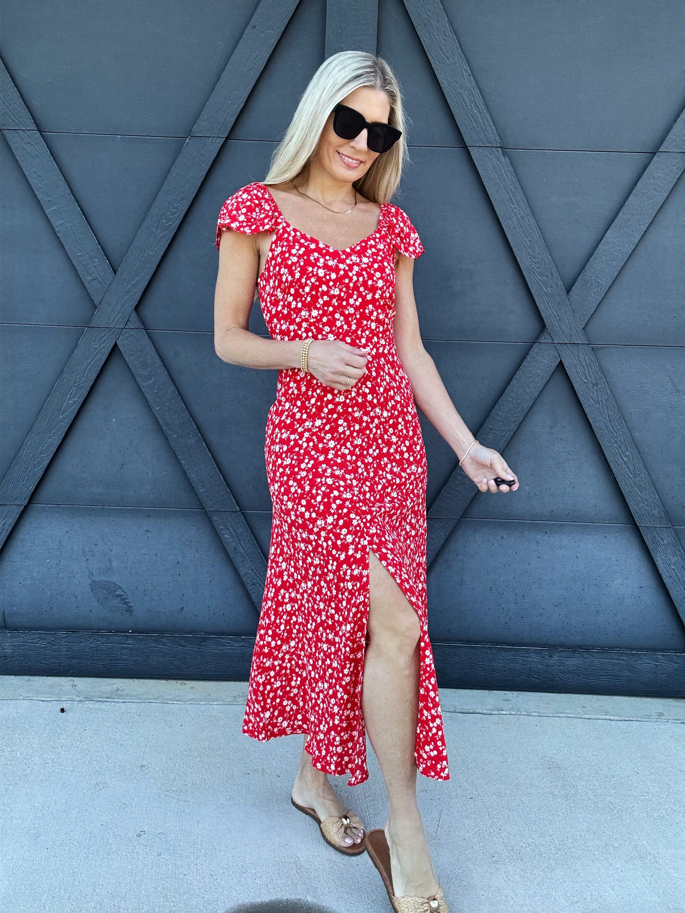 blu pepper Dresses Floral Front Slit Midi Dress In