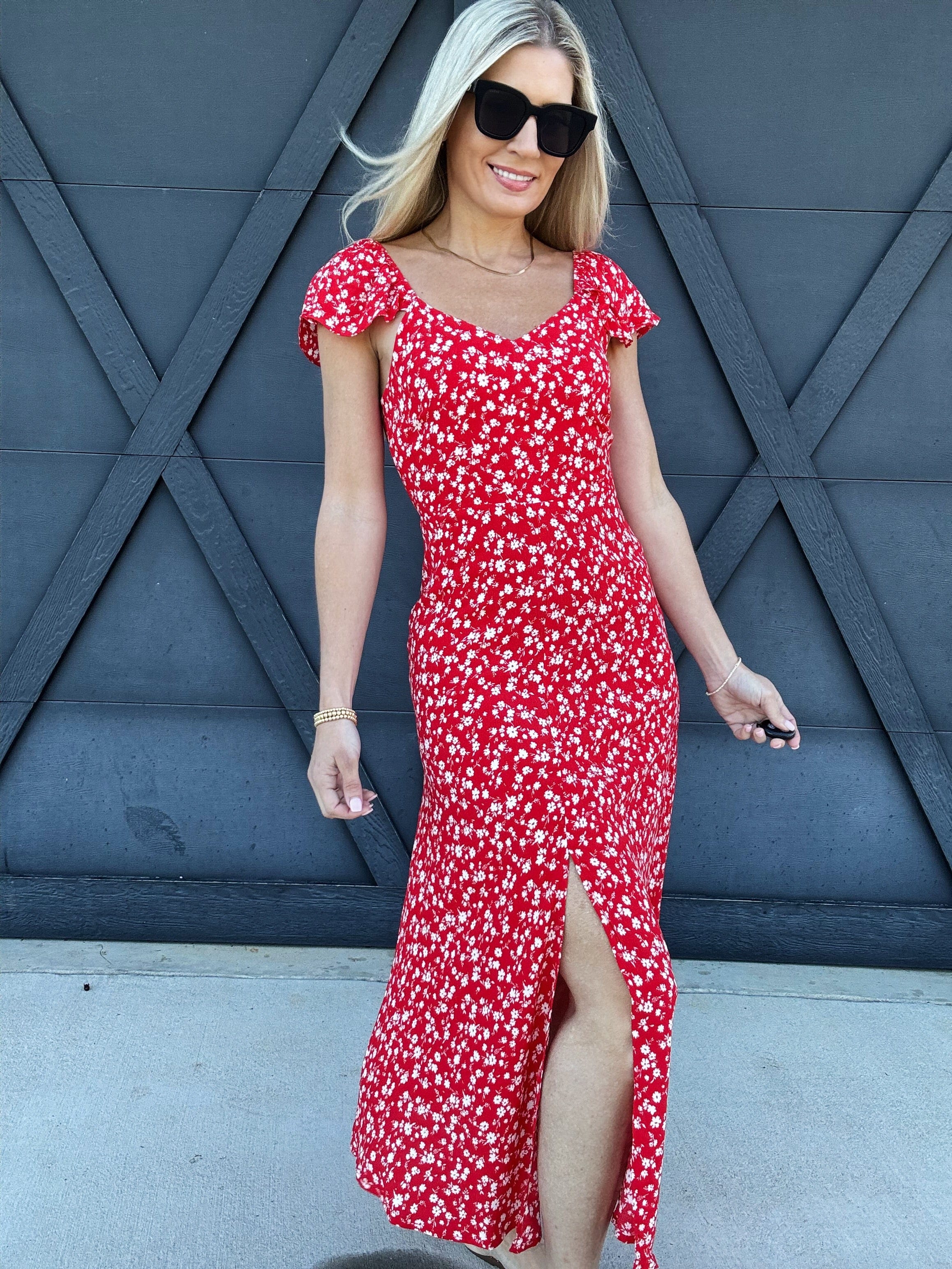 blu pepper Dresses Floral Front Slit Midi Dress In