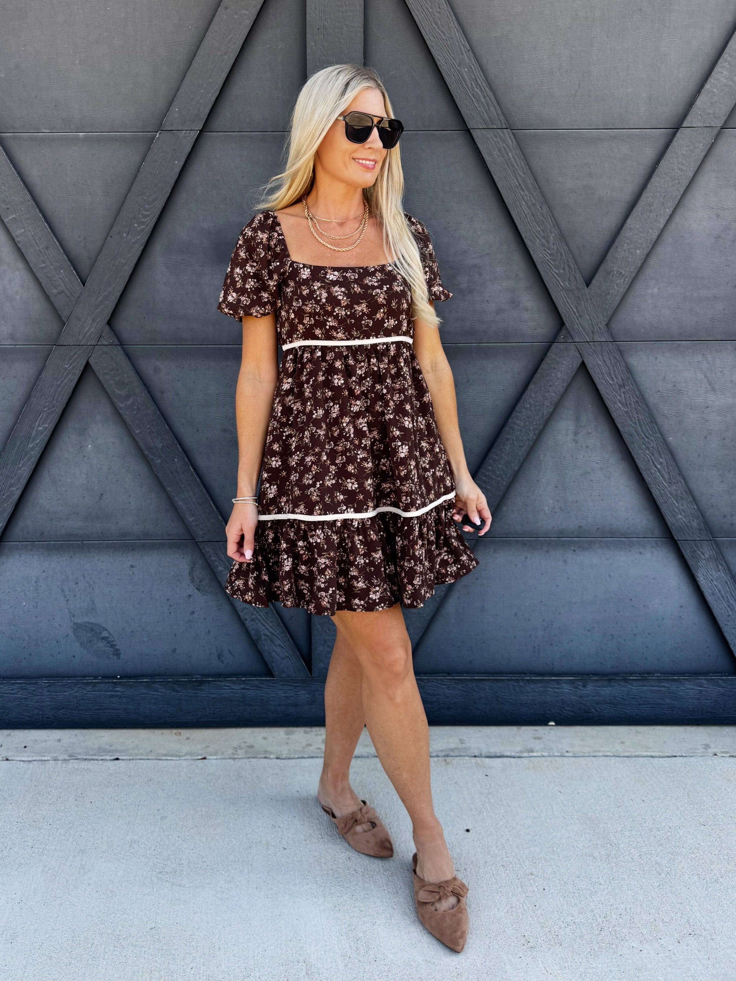 Puff Sleeve Babydoll Dress In Brown - Infinity Raine