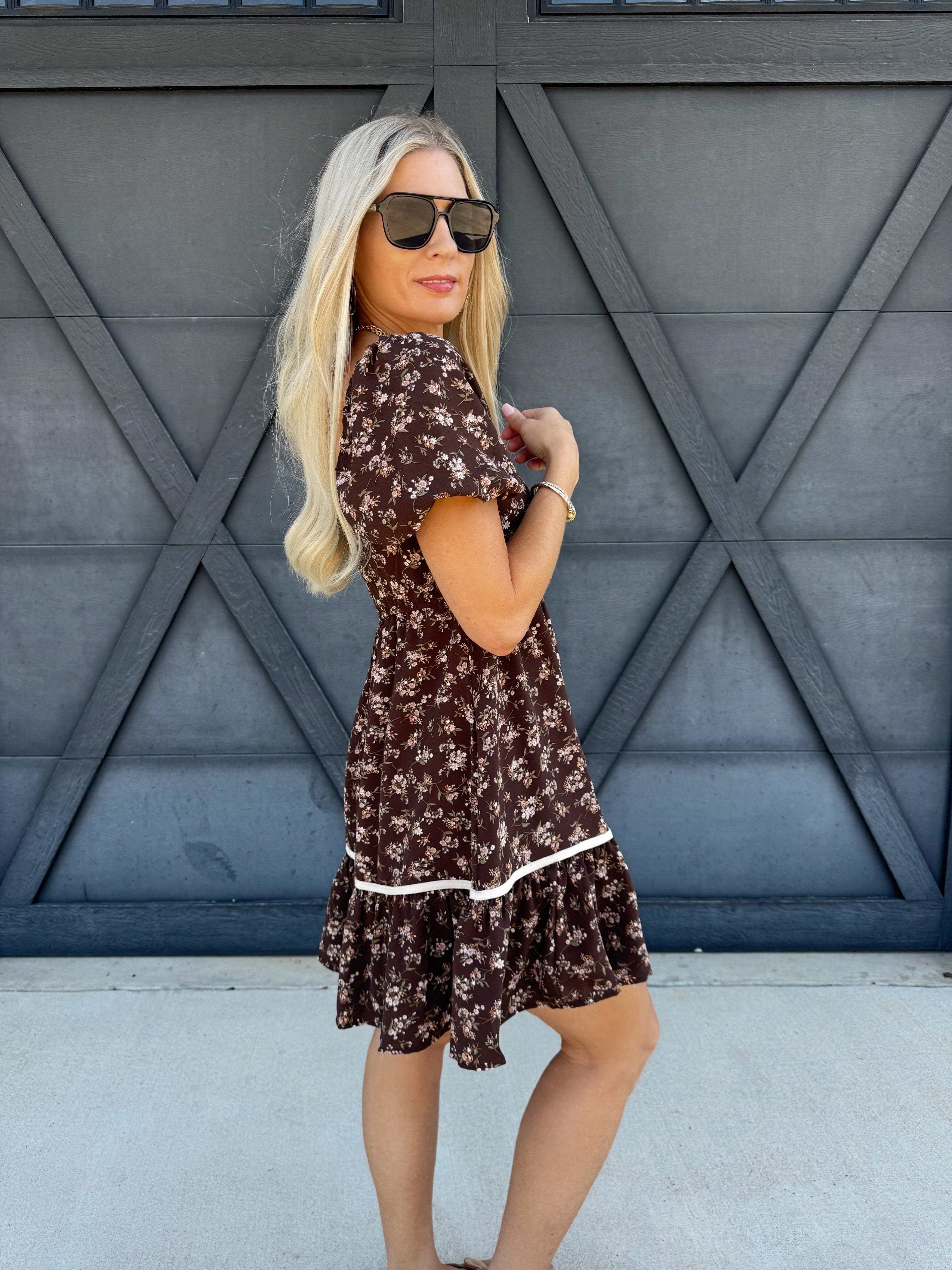 Puff Sleeve Babydoll Dress In Brown - Infinity Raine