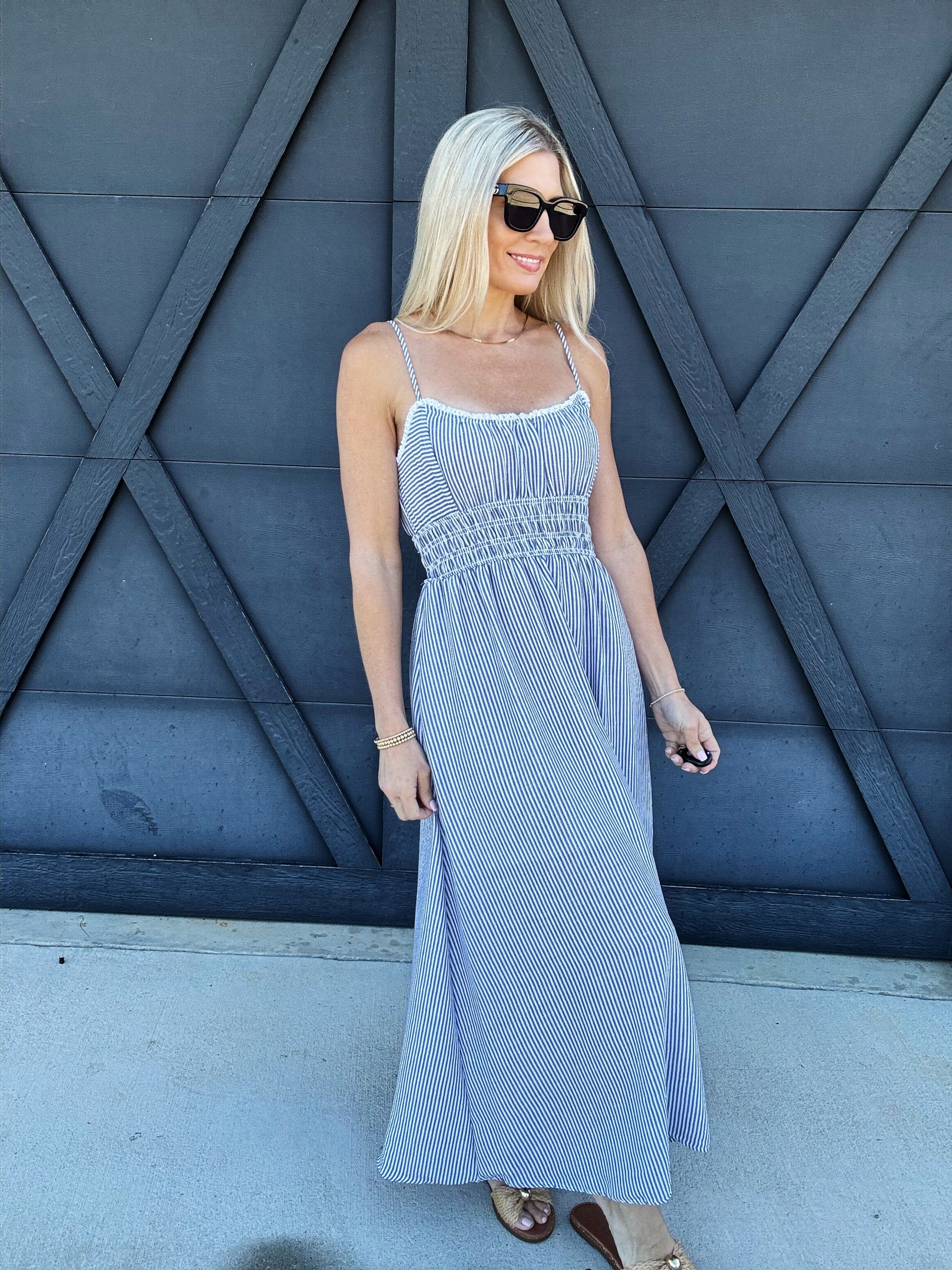 blu pepper Dresses Stripe Lace Trim Midi Dress In Blue