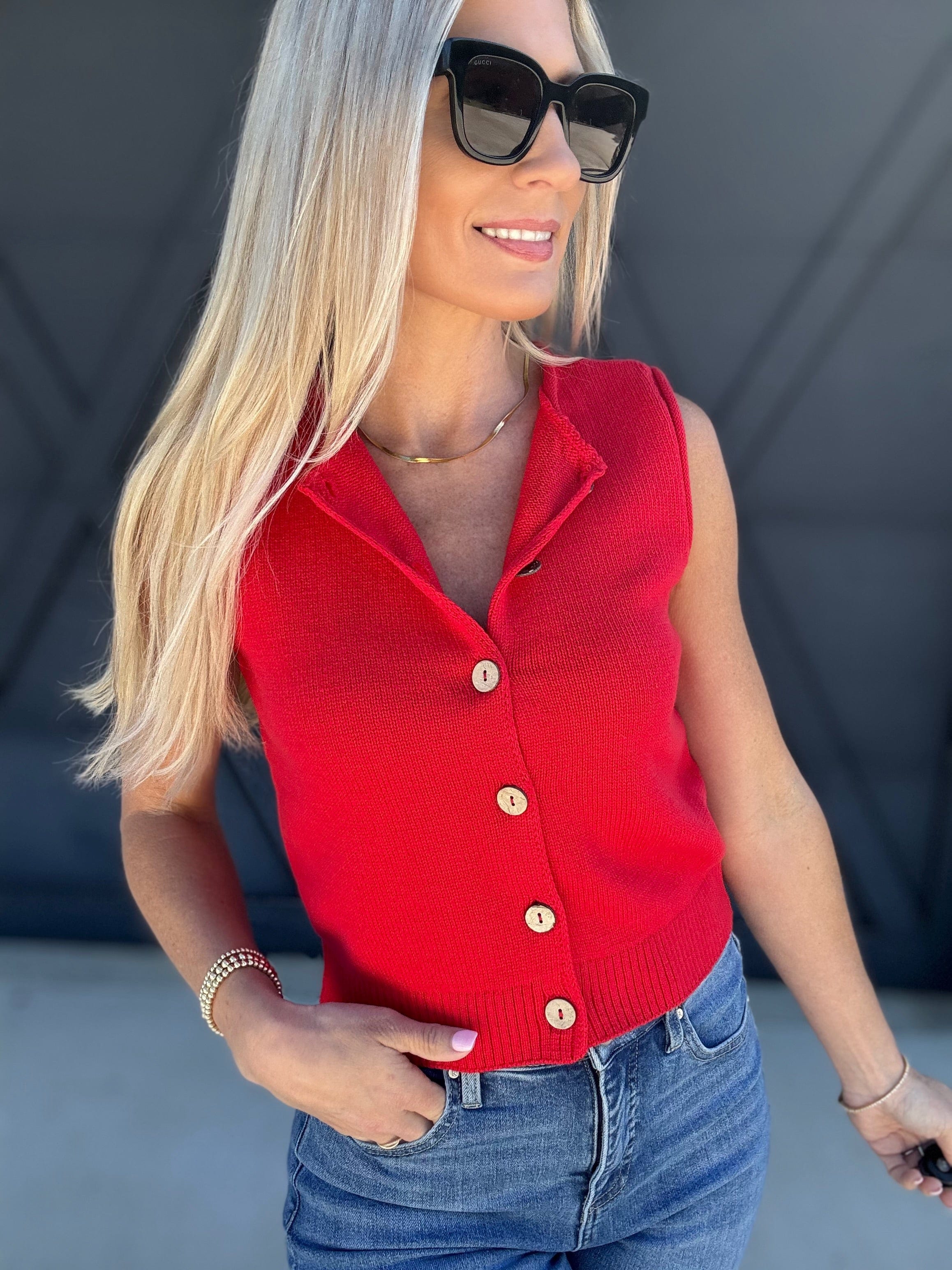 blu pepper Outerwear - Vests Button Down Cardigan Vest In Red