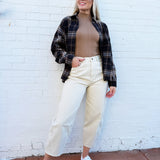 blu pepper Tops - Blouses Plaid Button Down Boxy Top In Black Multi
