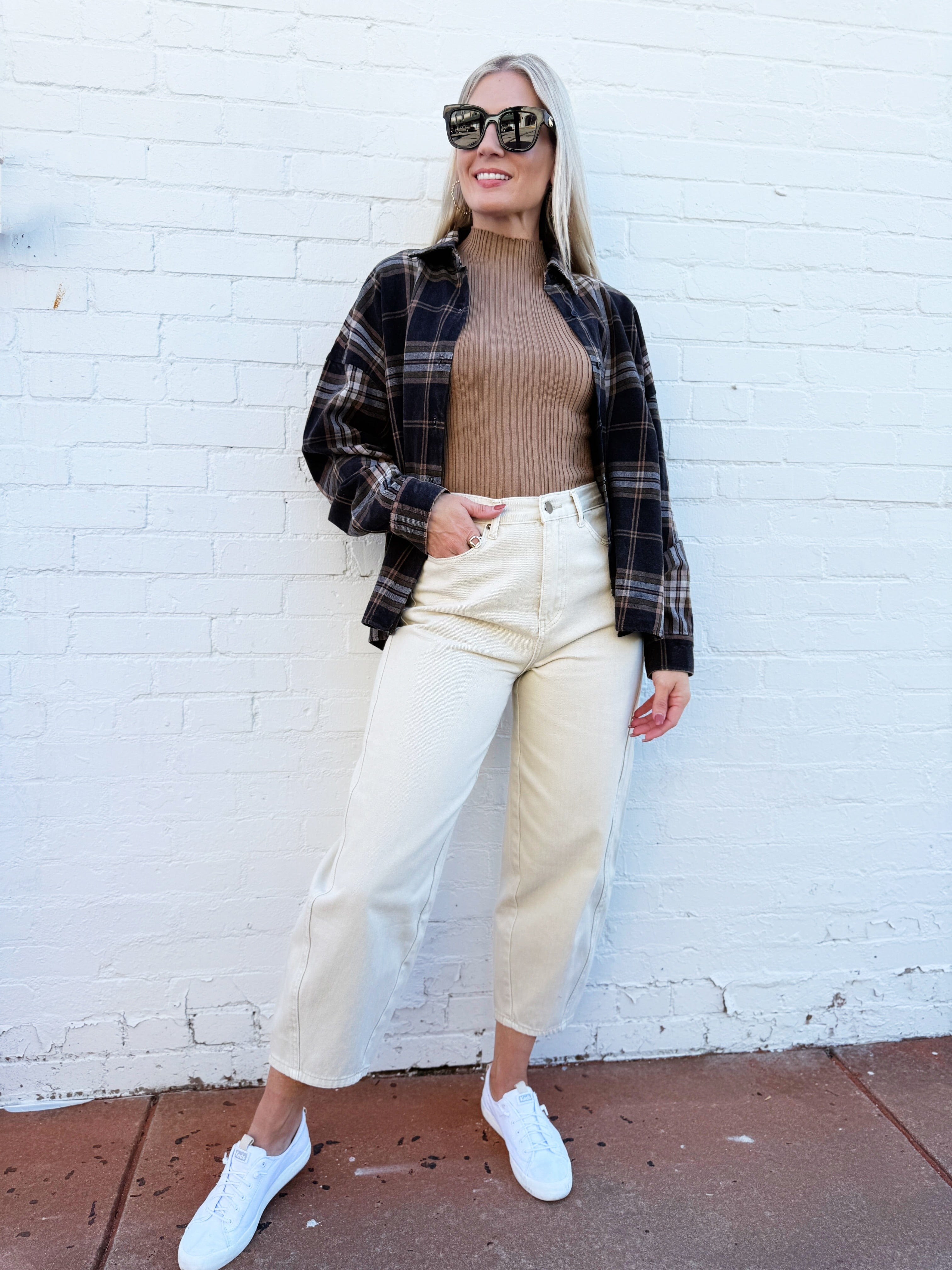 blu pepper Tops - Blouses Plaid Button Down Boxy Top In Black Multi