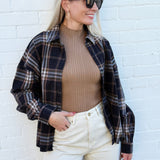 blu pepper Tops - Blouses Plaid Button Down Boxy Top In Black Multi
