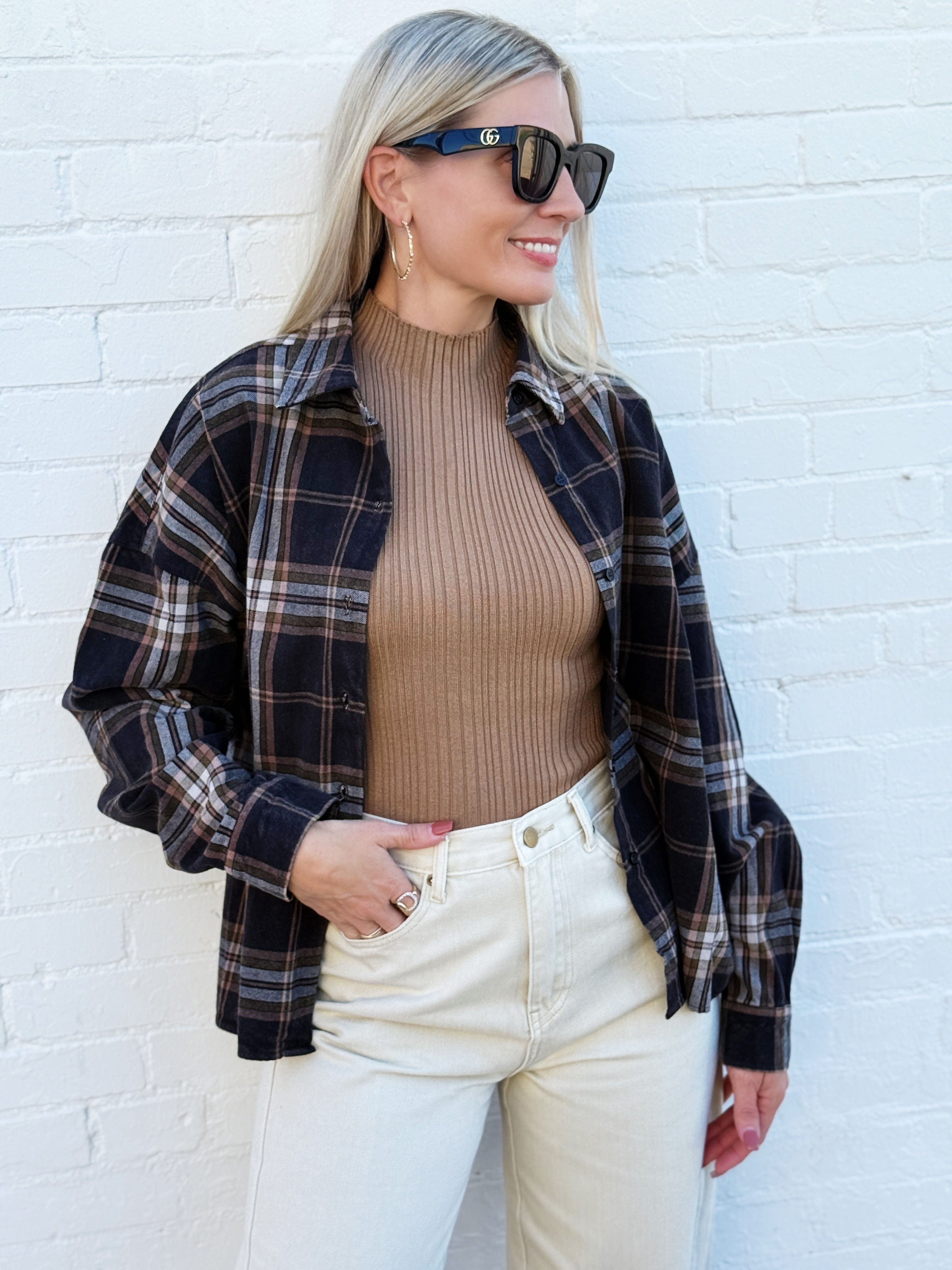 blu pepper Tops - Blouses Plaid Button Down Boxy Top In Black Multi