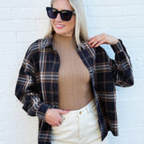blu pepper Tops - Blouses Plaid Button Down Boxy Top In Black Multi