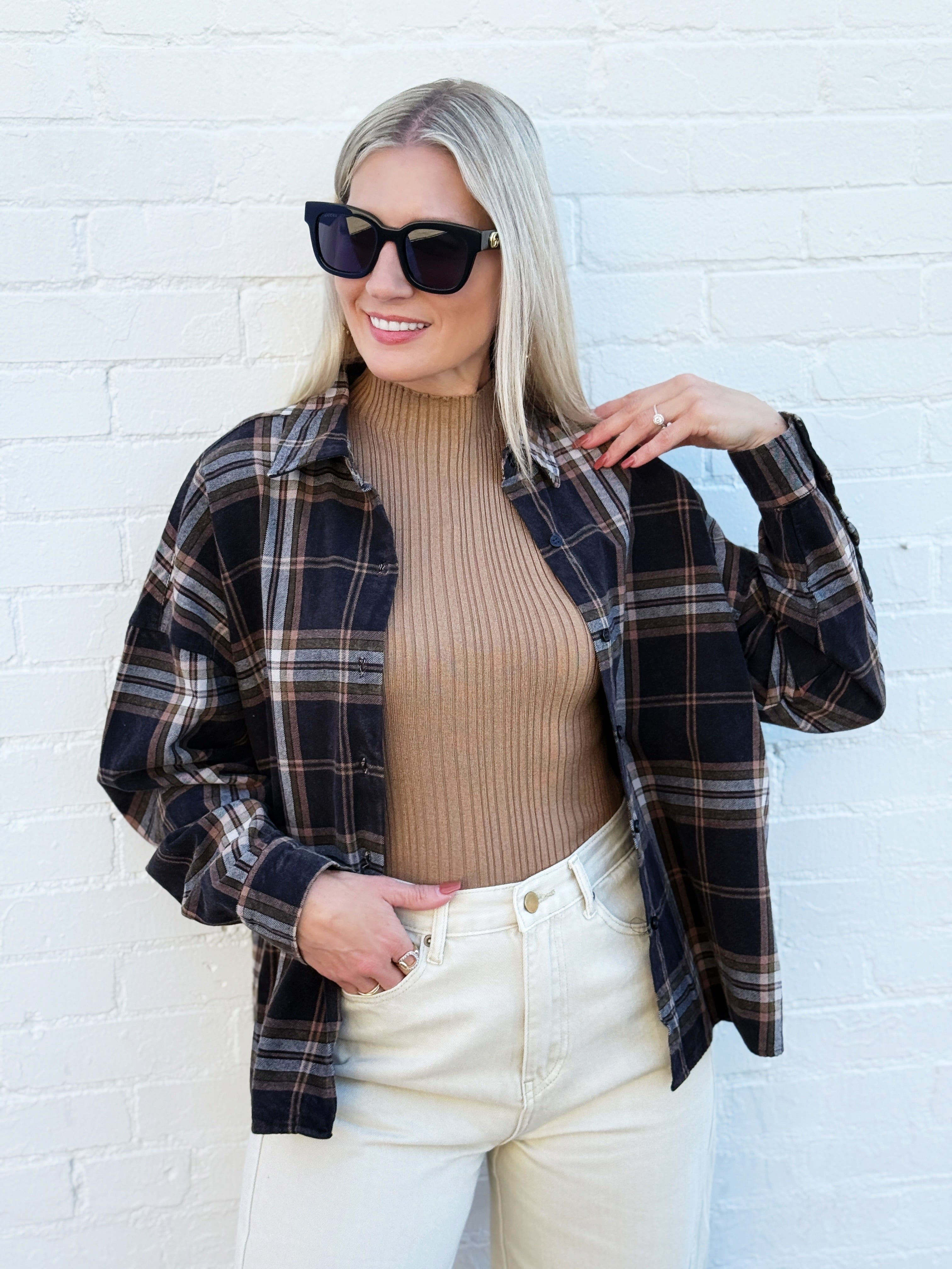 blu pepper Tops - Blouses Plaid Button Down Boxy Top In Black Multi