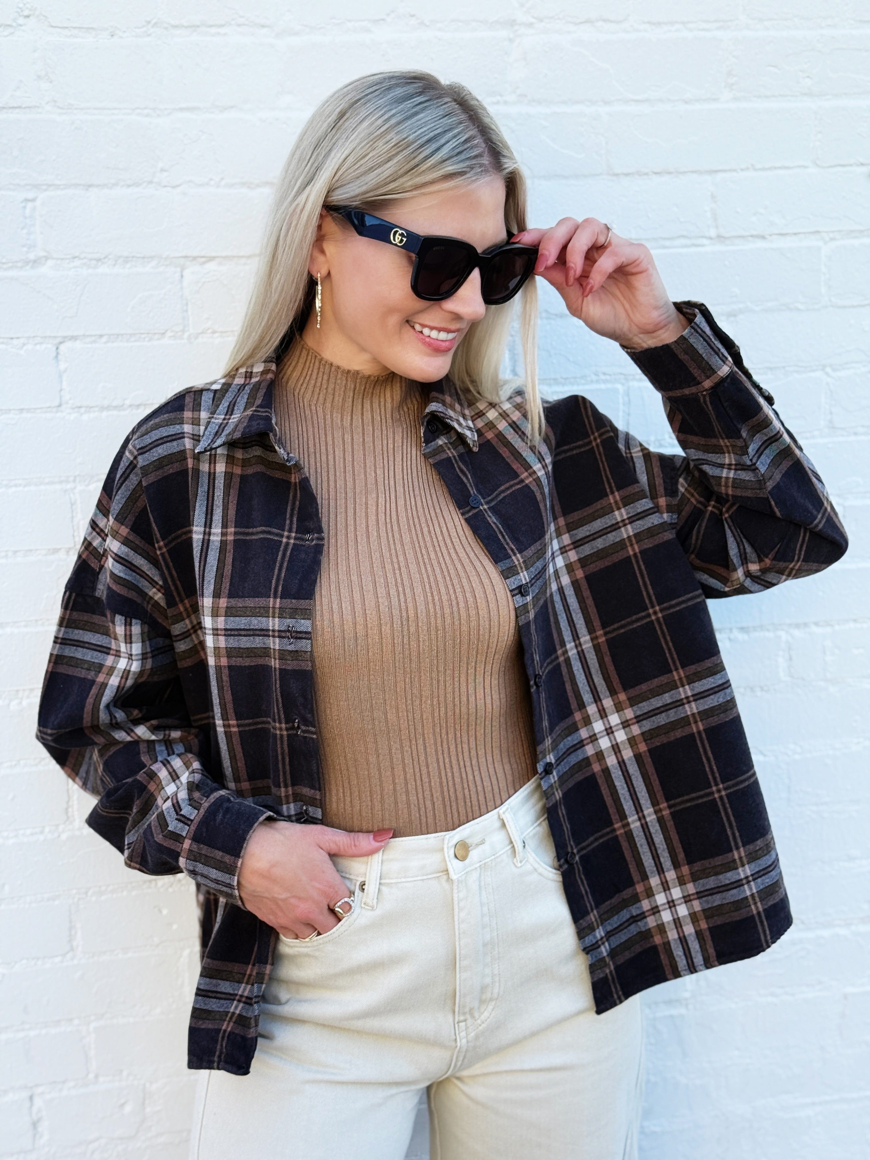 blu pepper Tops - Blouses Plaid Button Down Boxy Top In Black Multi