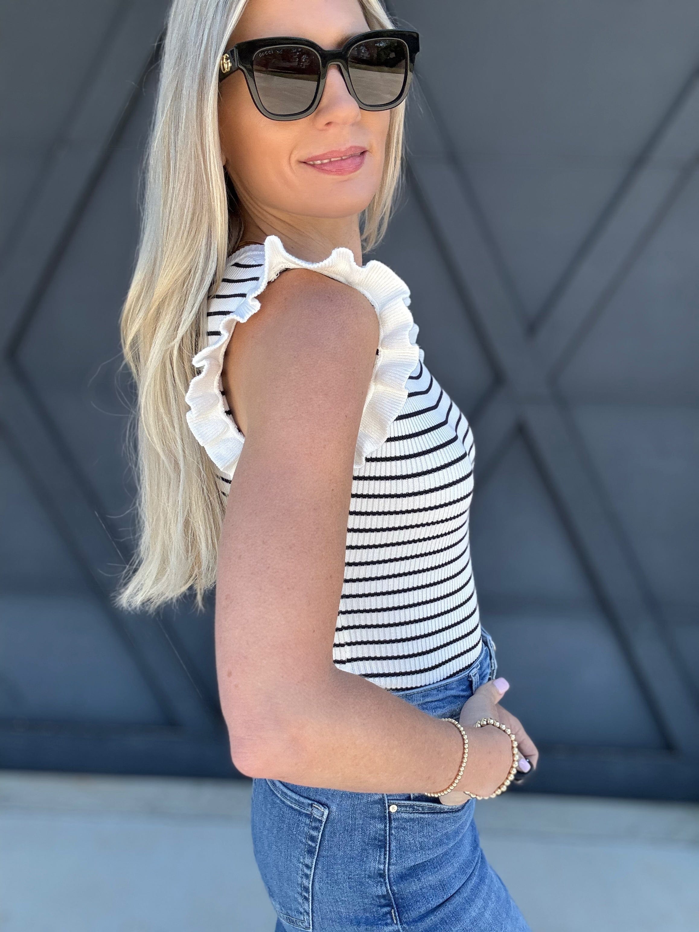 blu pepper Tops - Blouses Sleeveless Ruffle Stripe Sweater Top In Ivory
