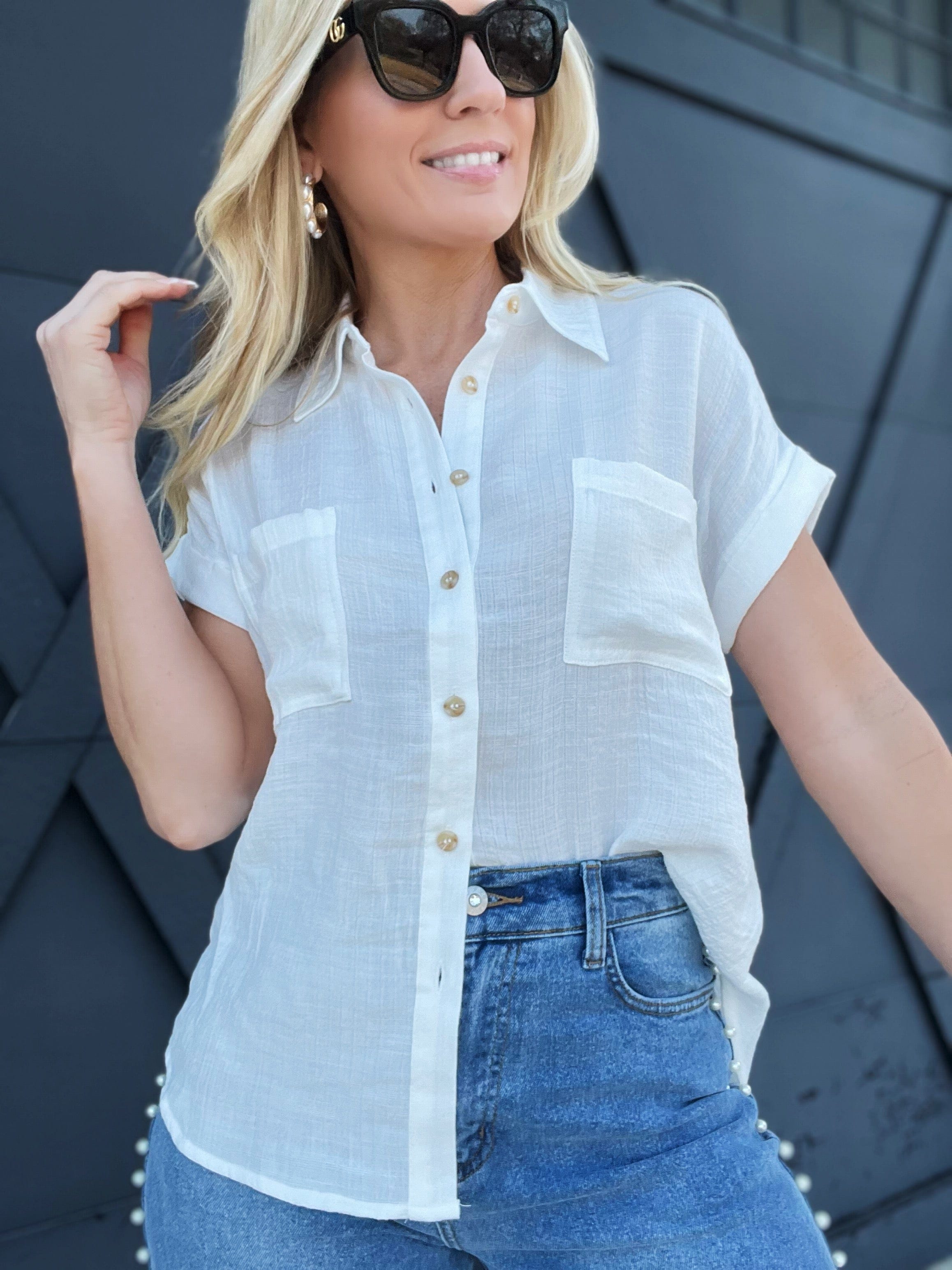 Solid Fold Sleeve Button Down In White - Infinity Raine