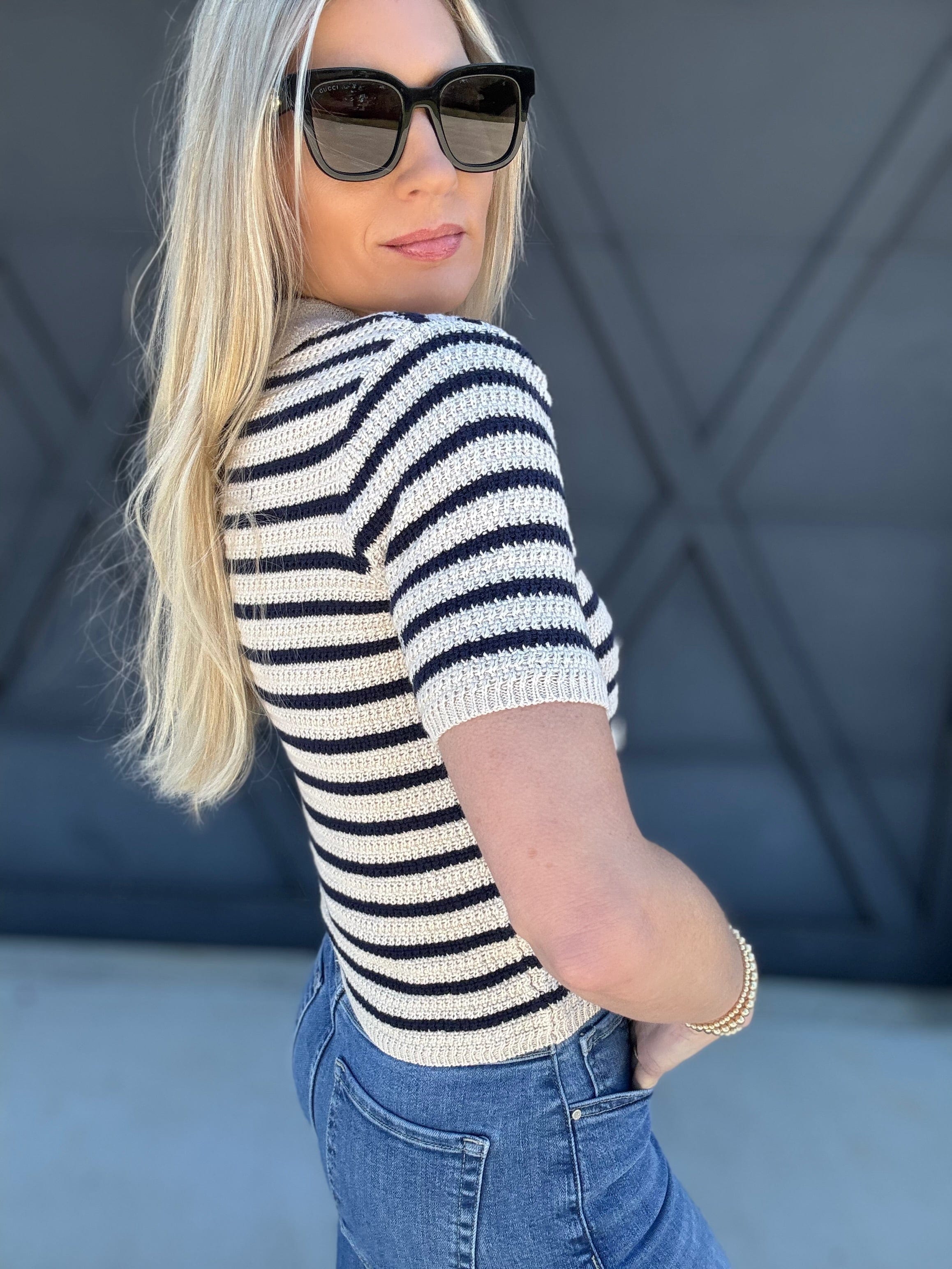 blu pepper Tops - Blouses Stripe Collared Polo Sweater Top In Light Khaki