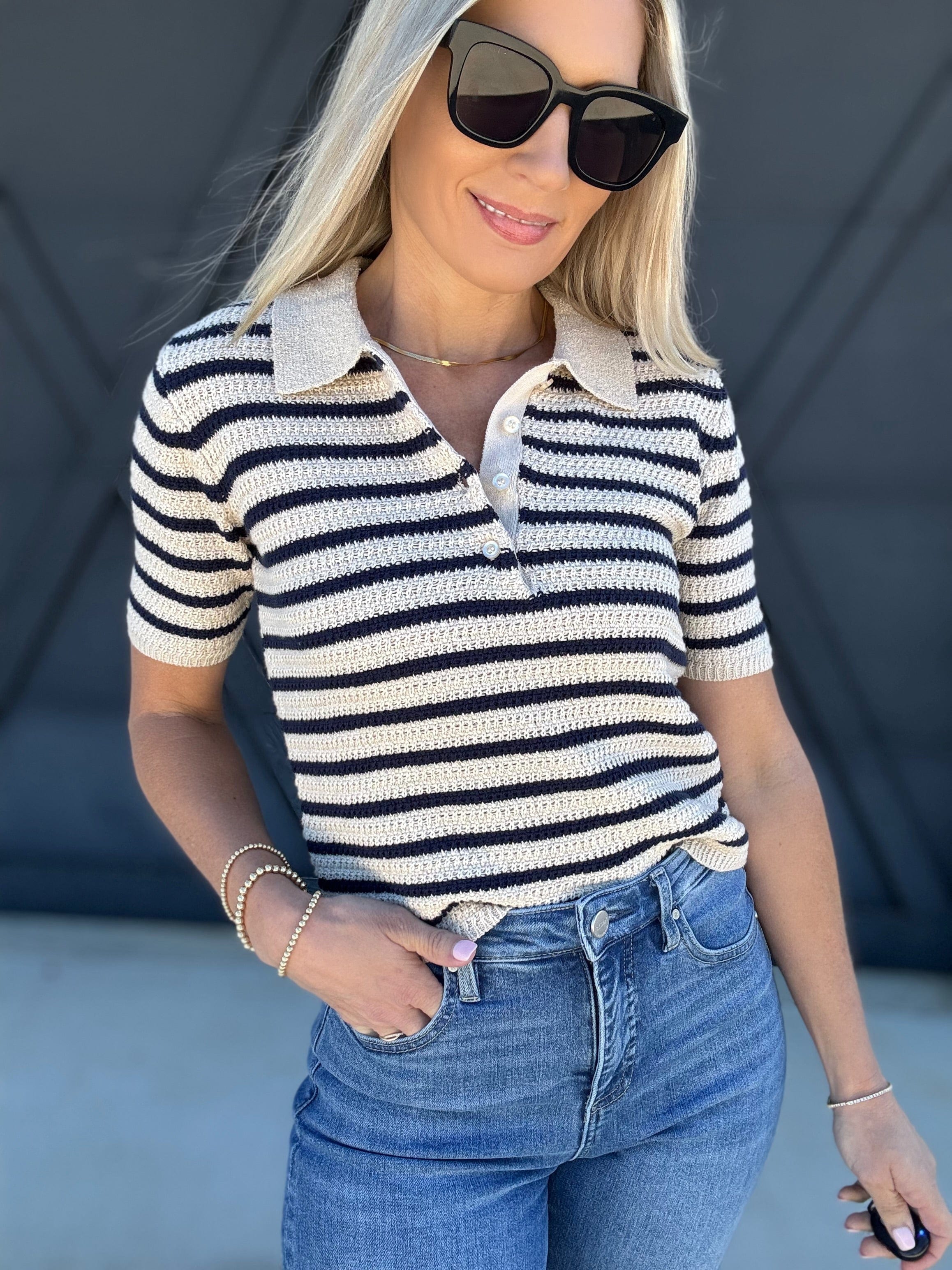 blu pepper Tops - Blouses Stripe Collared Polo Sweater Top In Light Khaki