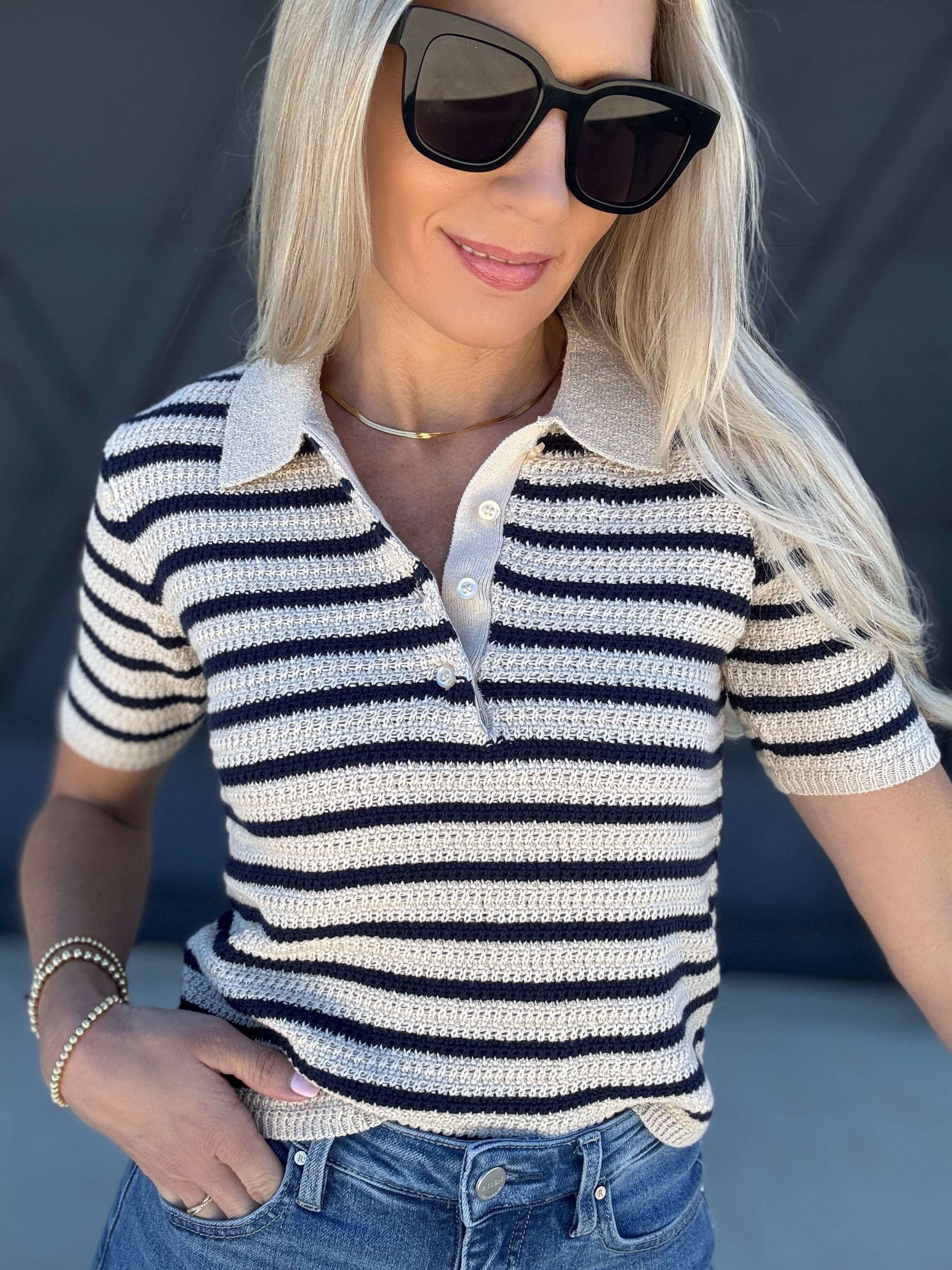 blu pepper Tops - Blouses Stripe Collared Polo Sweater Top In Light Khaki