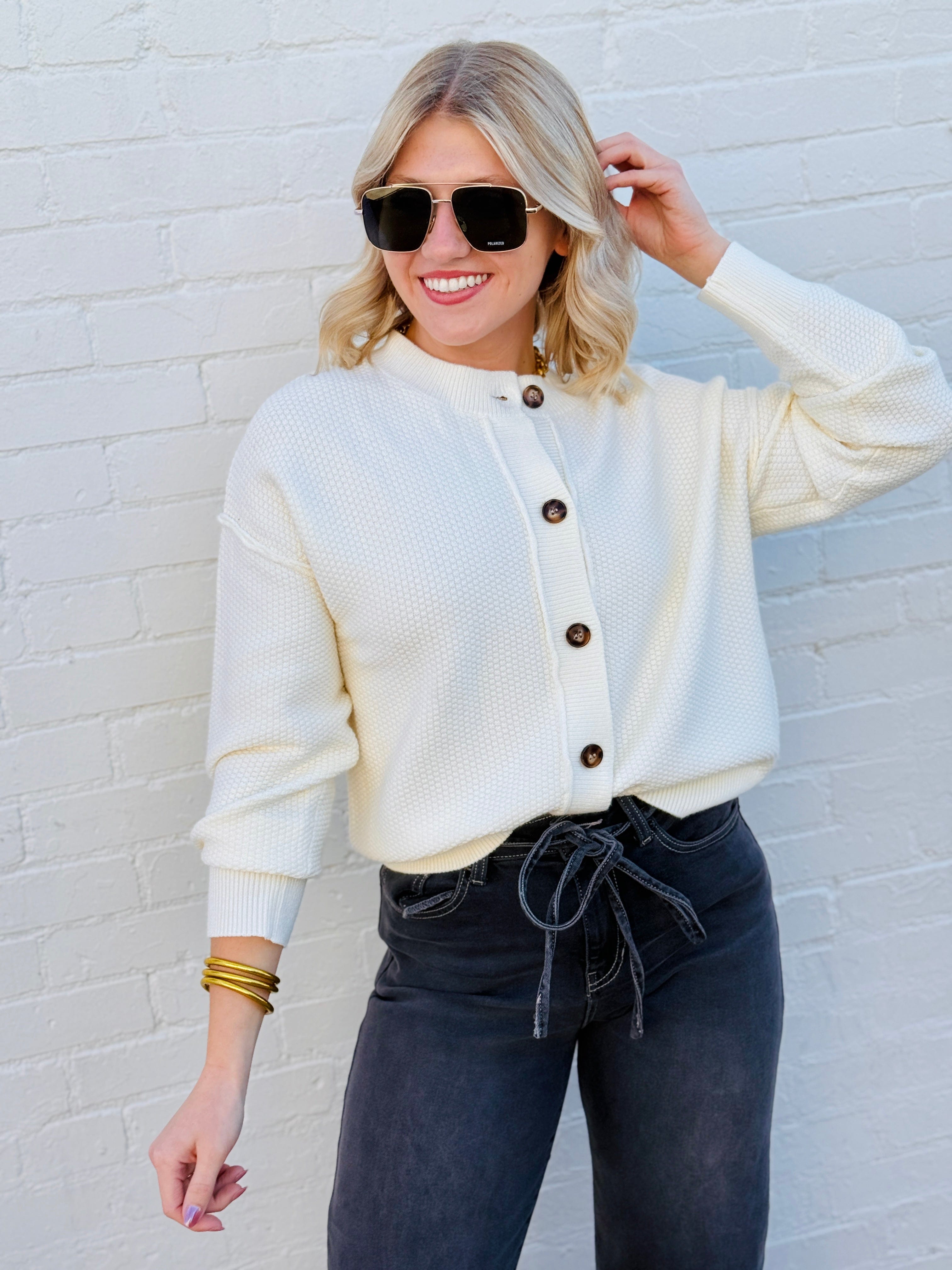 blu pepper Tops - Sweaters Button Down Cardigan In Cream