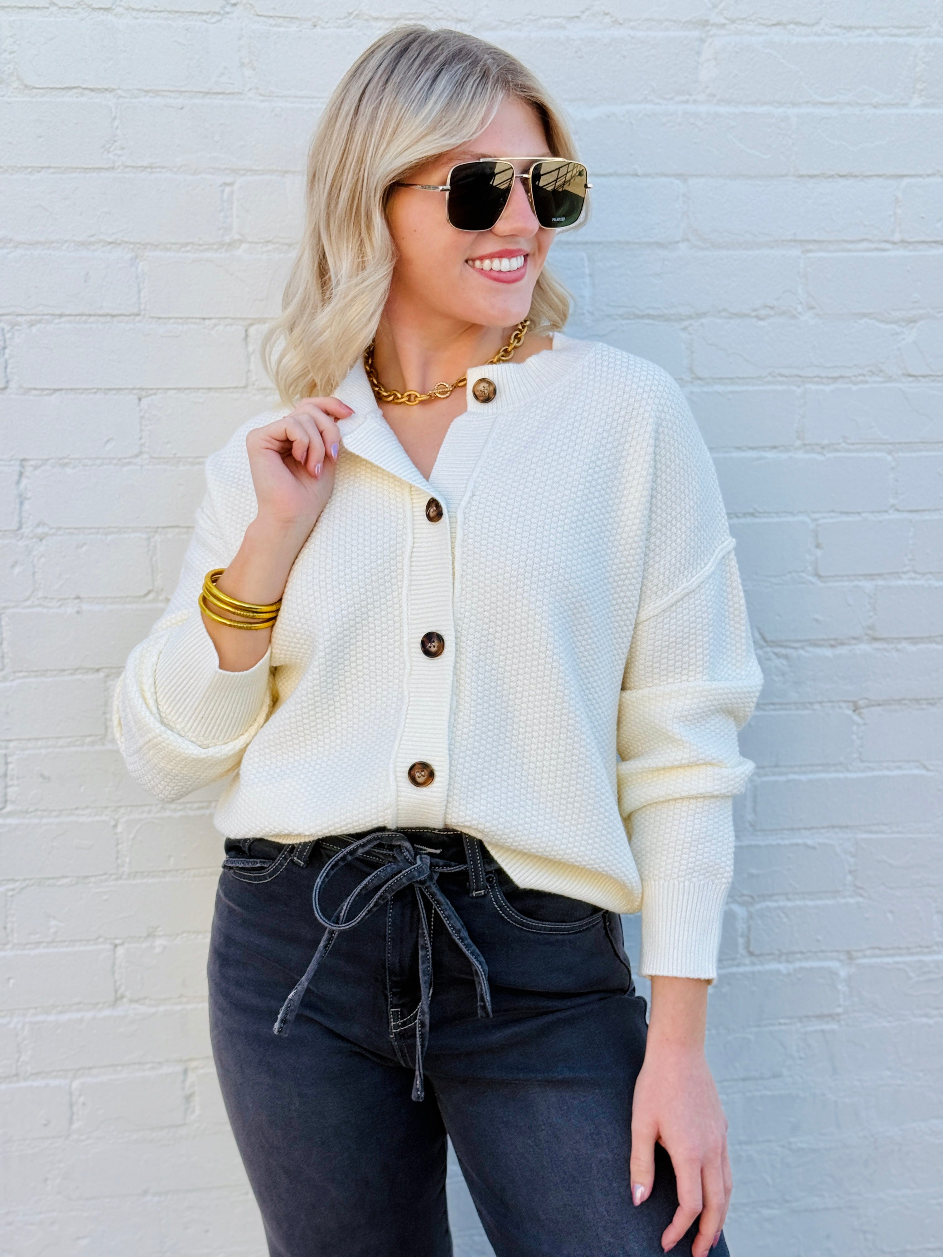 blu pepper Tops - Sweaters Button Down Cardigan In Cream