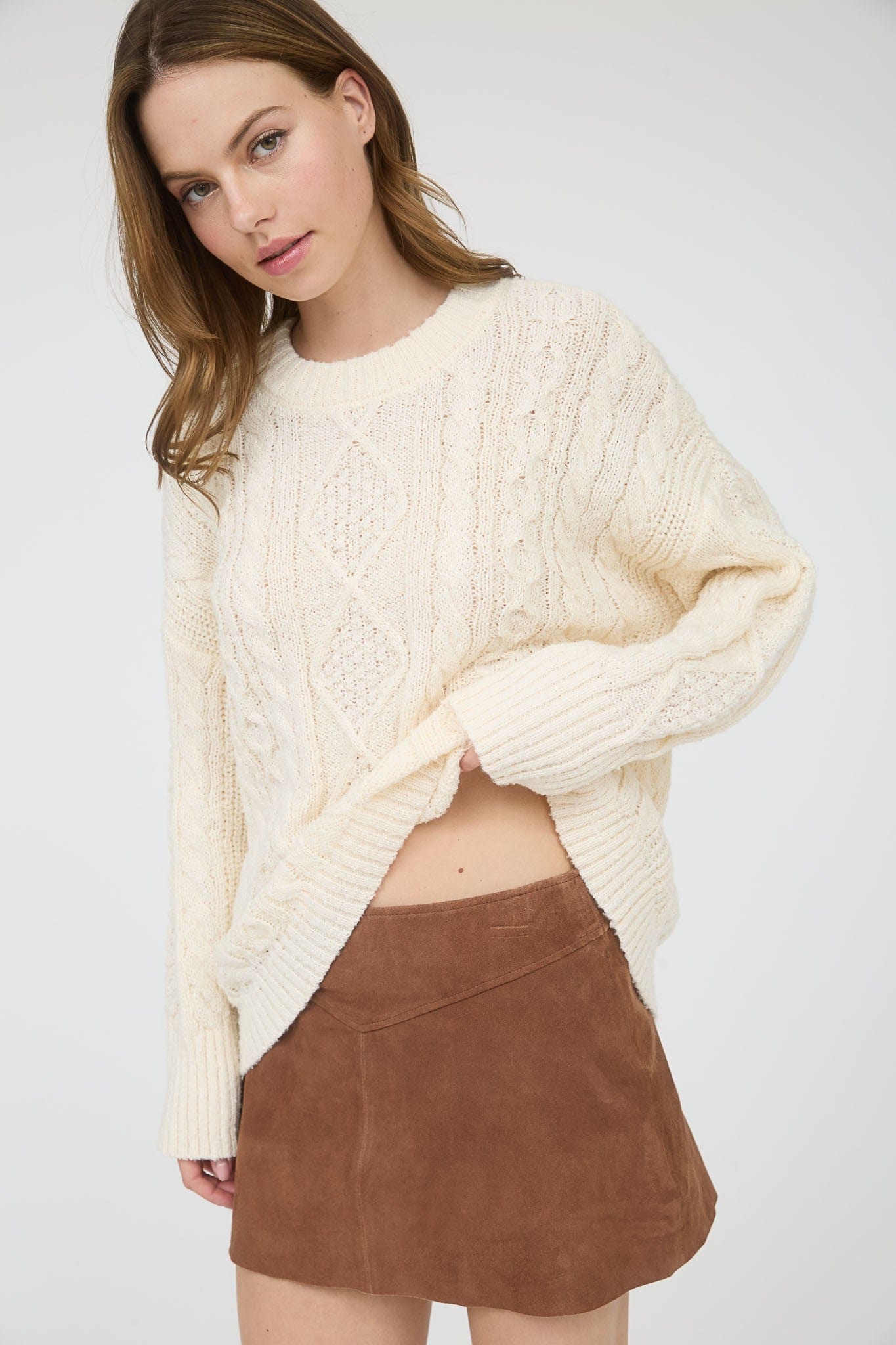 blu pepper Tops - Sweaters Crewneck Cable Sweater In Cream