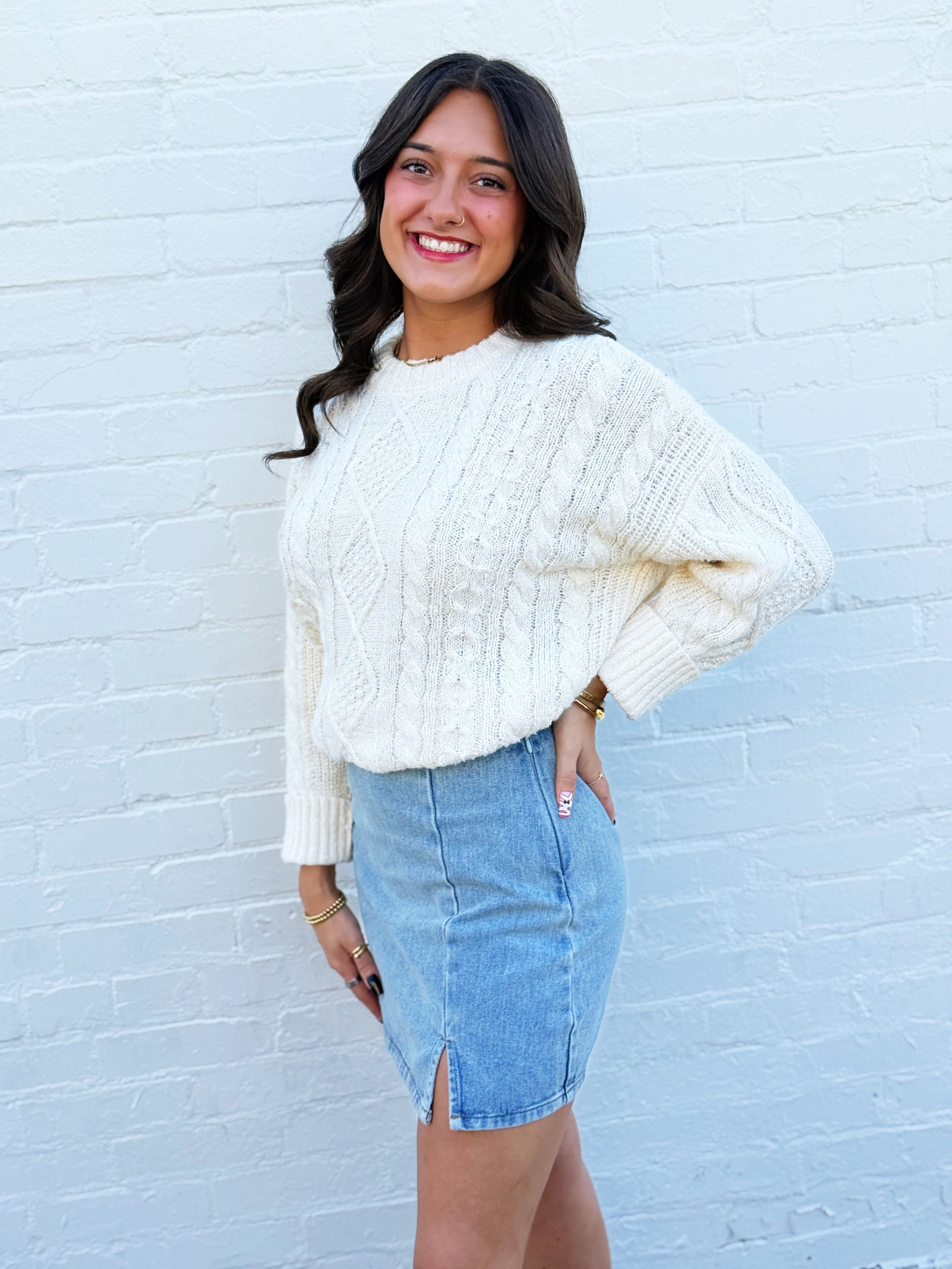 blu pepper Tops - Sweaters Crewneck Cable Sweater In Cream