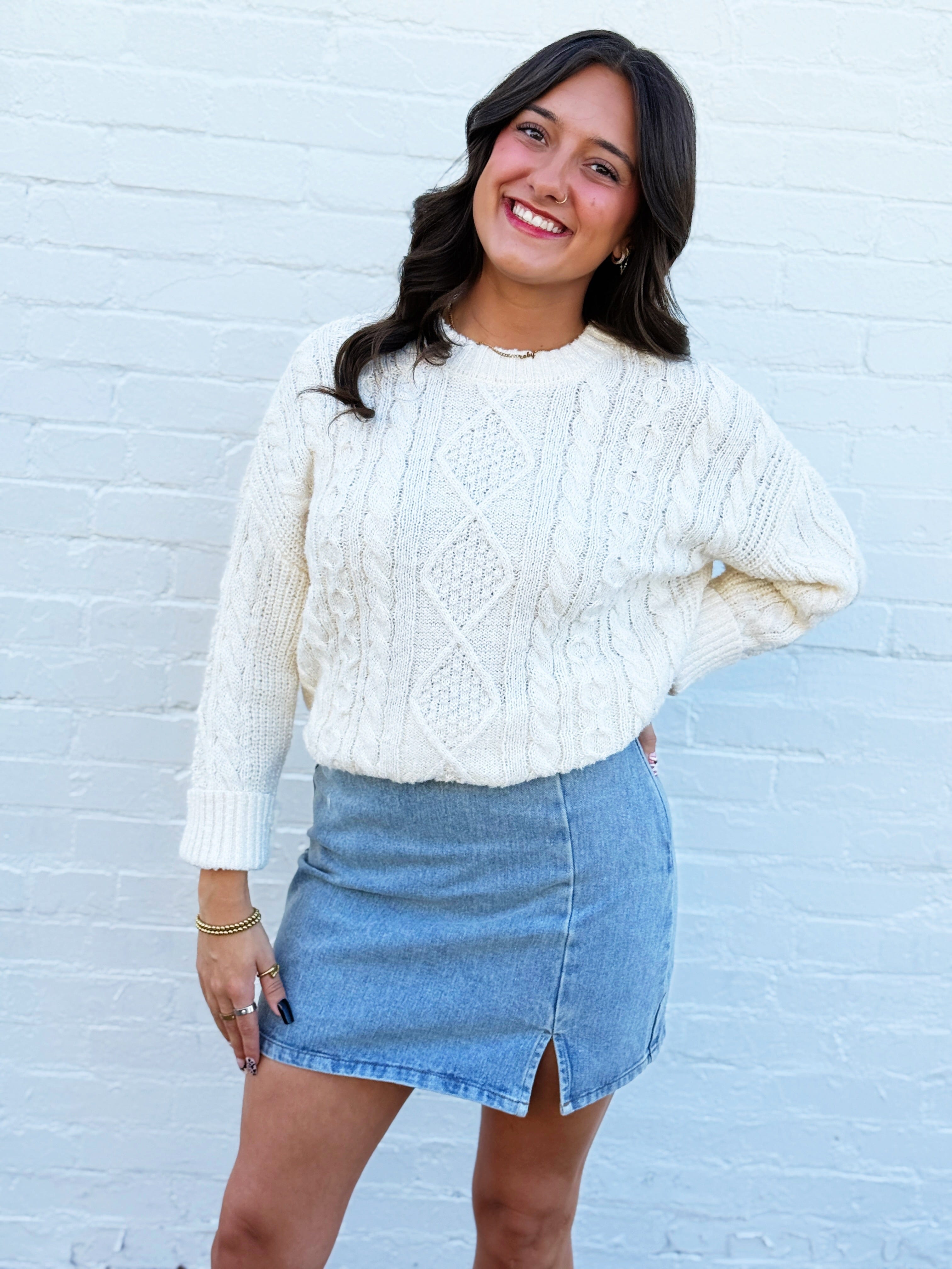 blu pepper Tops - Sweaters Crewneck Cable Sweater In Cream